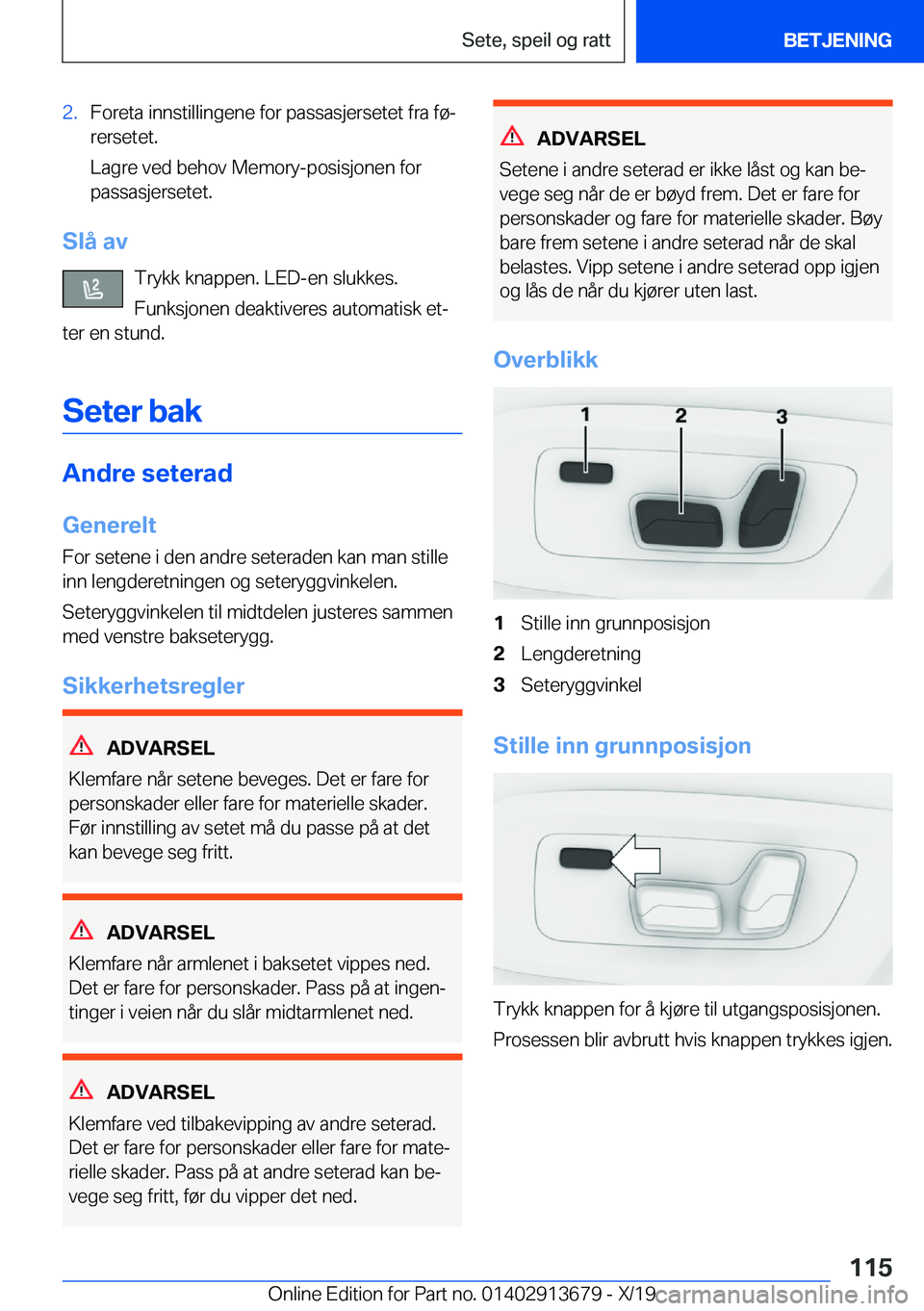 BMW X5 2020  InstruksjonsbØker (in Norwegian) �2�.�F�o�r�e�t�a��i�n�n�s�t�i�l�l�i�n�g�e�n�e��f�o�r��p�a�s�s�a�s�j�e�r�s�e�t�e�t��f�r�a��f�