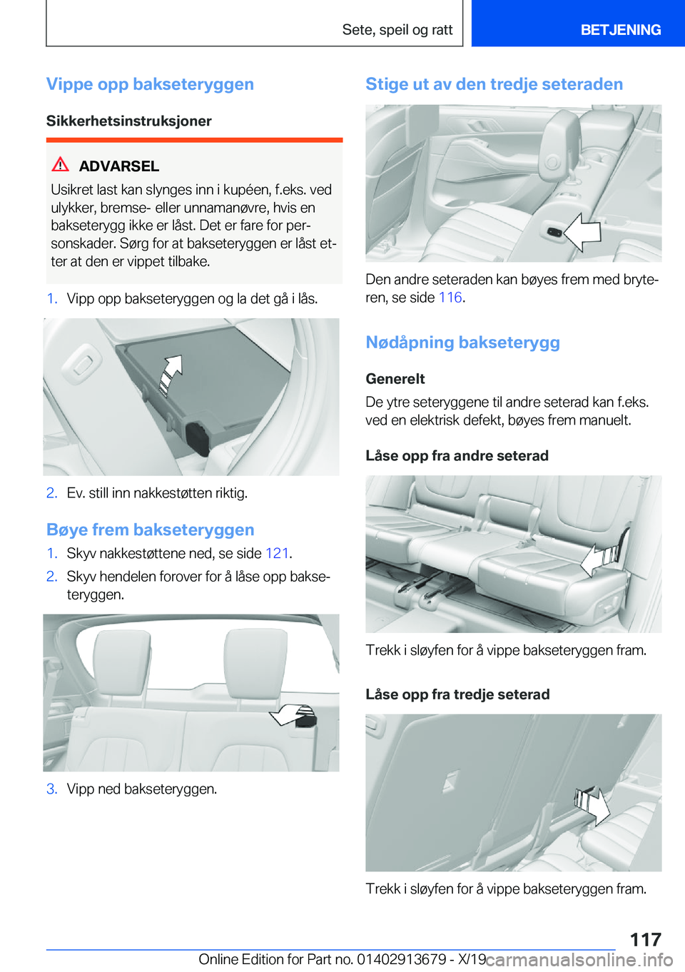 BMW X5 2020  InstruksjonsbØker (in Norwegian) �V�i�p�p�e��o�p�p��b�a�k�s�e�t�e�r�y�g�g�e�n
�S�i�k�k�e�r�h�e�t�s�i�n�s�t�r�u�k�s�j�o�n�e�r
�A�D�V�A�R�S�E�L
�U�s�i�k�r�e�t��l�a�s�t��k�a�n��s�l�y�n�g�e�s��i�n�n��i��k�u�p�