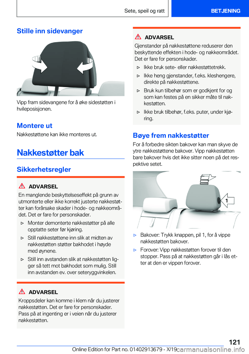 BMW X5 2020  InstruksjonsbØker (in Norwegian) �S�t�i�l�l�e��i�n�n��s�i�d�e�v�a�n�g�e�r
�V�i�p�p��f�r�a�m��s�i�d�e�v�a�n�g�e�n�e��f�o�r��å��