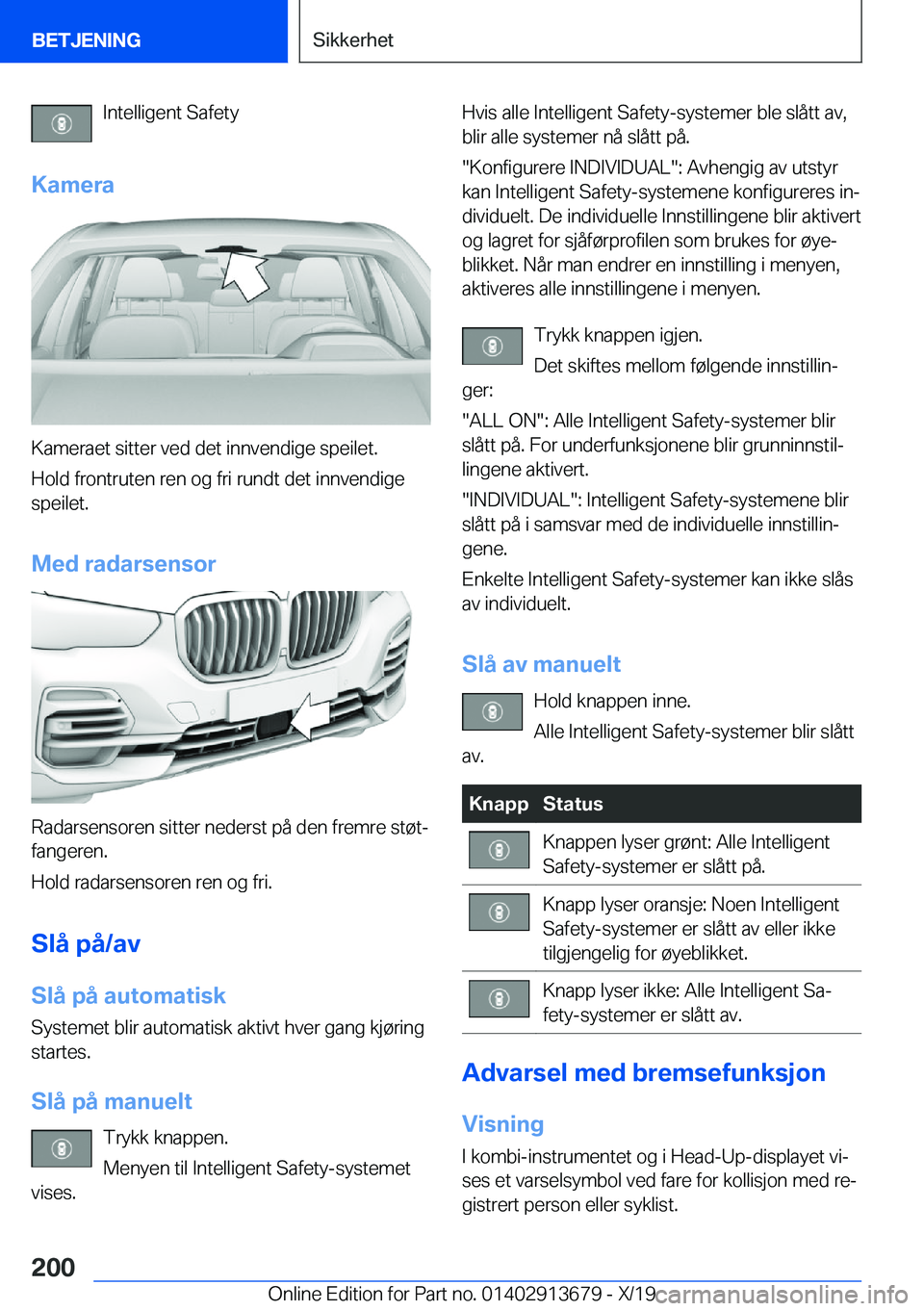 BMW X5 2020  InstruksjonsbØker (in Norwegian) �I�n�t�e�l�l�i�g�e�n�t��S�a�f�e�t�y
�K�a�m�e�r�a
�K�a�m�e�r�a�e�t��s�i�t�t�e�r��v�e�d��d�e�t��i�n�n�v�e�n�d�i�g�e��s�p�e�i�l�e�t�. �H�o�l�d��f�r�o�n�t�r�u�t�e�n��r�e�n��o�g��f�r�i��r�u�n�d�