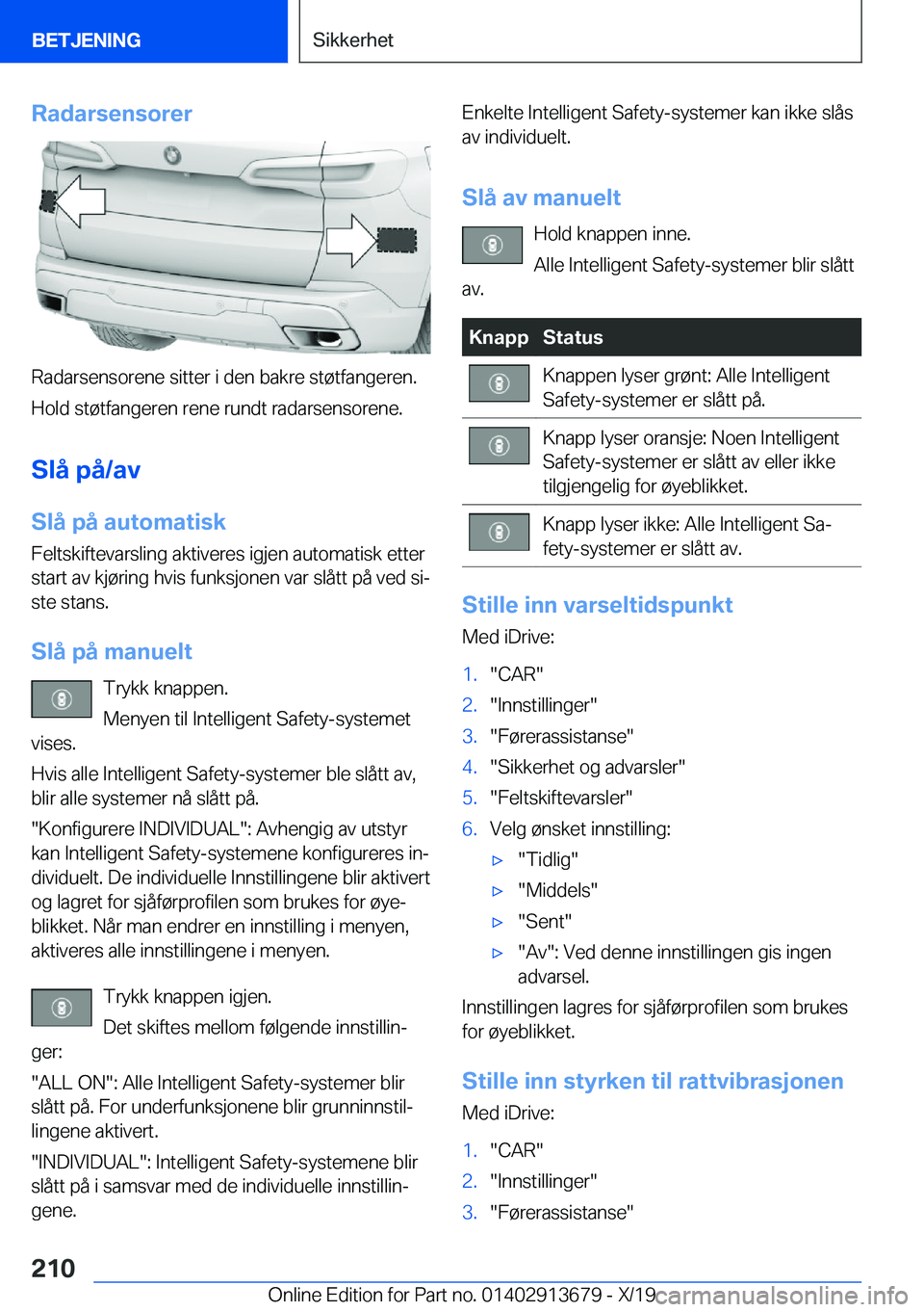 BMW X5 2020  InstruksjonsbØker (in Norwegian) �R�a�d�a�r�s�e�n�s�o�r�e�r
�R�a�d�a�r�s�e�n�s�o�r�e�n�e��s�i�t�t�e�r��i��d�e�n��b�a�k�r�e��s�t�