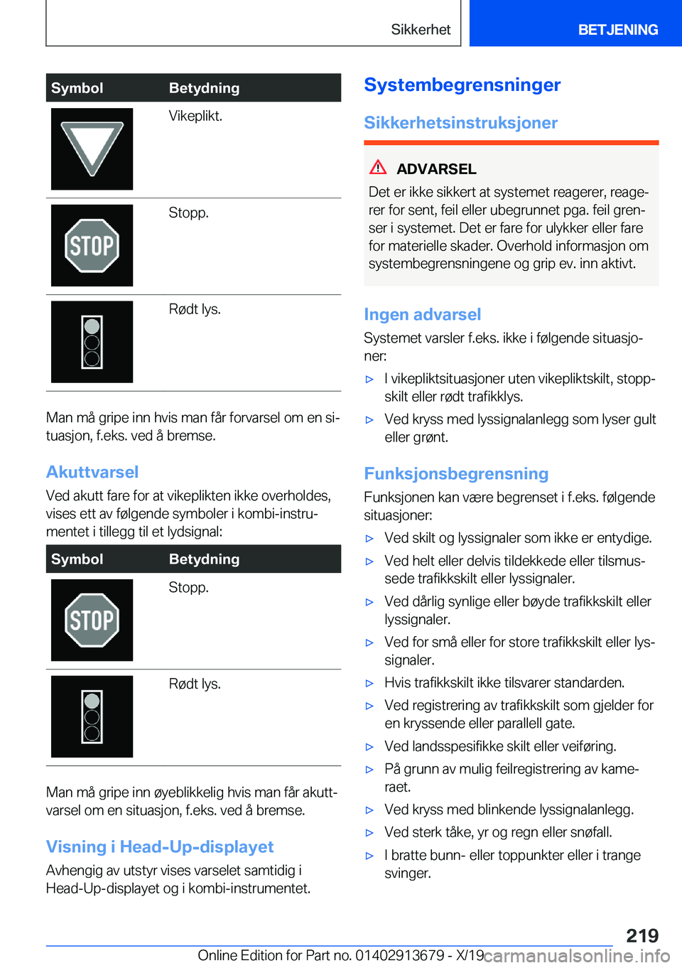BMW X5 2020  InstruksjonsbØker (in Norwegian) �S�y�m�b�o�l�B�e�t�y�d�n�i�n�g�V�i�k�e�p�l�i�k�t�.�S�t�o�p�p�.�R�
