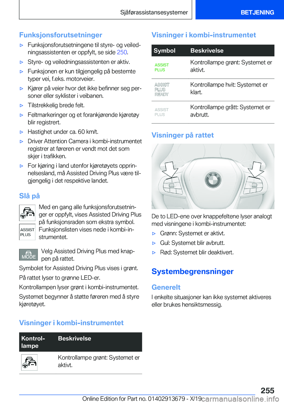 BMW X5 2020  InstruksjonsbØker (in Norwegian) �F�u�n�k�s�j�o�n�s�f�o�r�u�t�s�e�t�n�i�n�g�e�r'x�F�u�n�k�s�j�o�n�s�f�o�r�u�t�s�e�t�n�i�n�g�e�n�e��t�i�l��s�t�y�r�e�-��o�g��v�e�i�l�e�dj�n�i�n�g�s�a�s�s�i�s�t�e�n�t�e�n��e�r��o�p�p�f�y�l�t�,