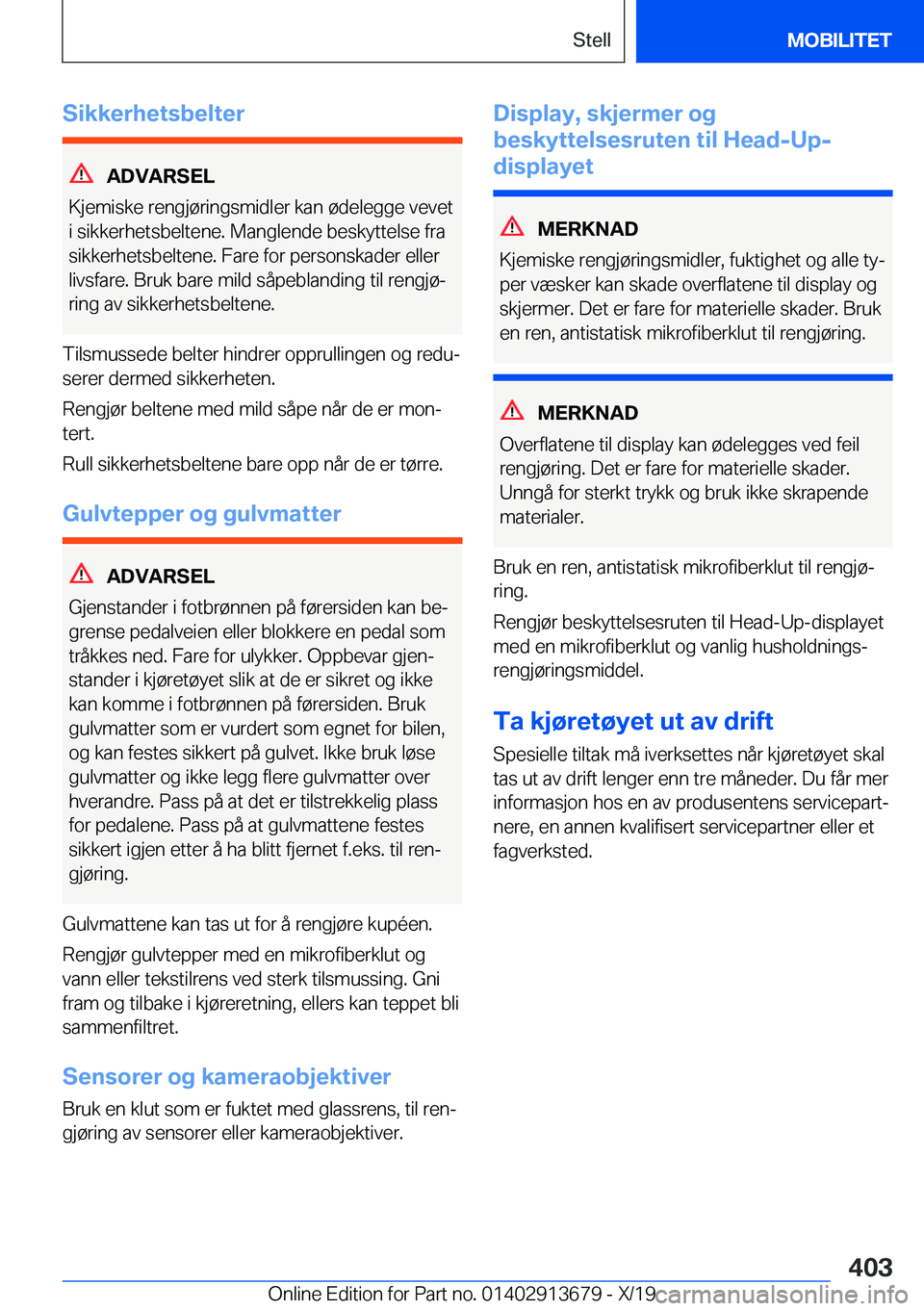 BMW X5 2020  InstruksjonsbØker (in Norwegian) �S�i�k�k�e�r�h�e�t�s�b�e�l�t�e�r
�A�D�V�A�R�S�E�L
�K�j�e�m�i�s�k�e��r�e�n�g�j�
