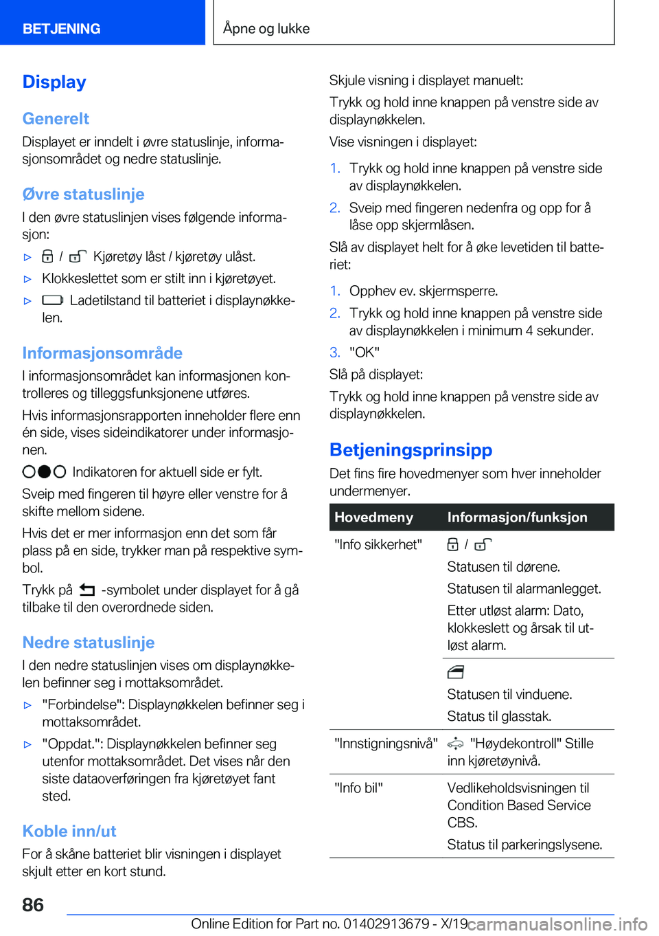 BMW X5 2020  InstruksjonsbØker (in Norwegian) �D�i�s�p�l�a�y�G�e�n�e�r�e�l�t
�D�i�s�p�l�a�y�e�t��e�r��i�n�n�d�e�l�t��i��