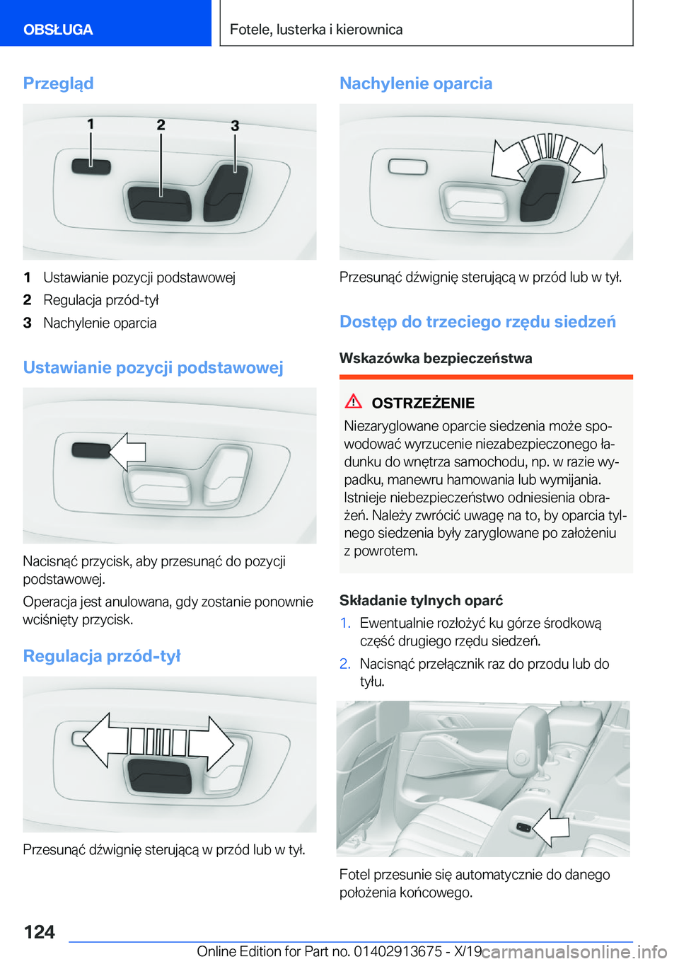BMW X5 2020  Instrukcja obsługi (in Polish) �P�r�z�e�g�l�ą�d�1�U�s�t�a�w�i�a�n�i�e��p�o�z�y�c�j�i��p�o�d�s�t�a�w�o�w�e�j�2�R�e�g�u�l�a�c�j�a��p�r�z�