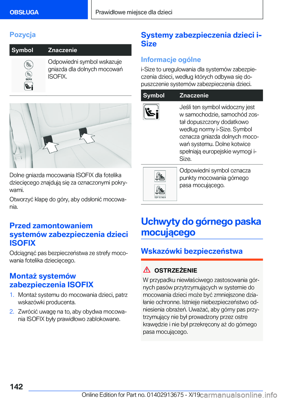 BMW X5 2020  Instrukcja obsługi (in Polish) �P�o�z�y�c�j�a�S�y�m�b�o�l�Z�n�a�c�z�e�n�i�e�O�d�p�o�w�i�e�d�n�i��s�y�m�b�o�l��w�s�k�a�z�u�j�e
�g�n�i�a�z�d�a��d�l�a��d�o�l�n�y�c�h��m�o�c�o�w�a�ń
�I�S�O�F�I�X�.
�D�o�l�n�e��g�n�i�a�z�d�a��m�o