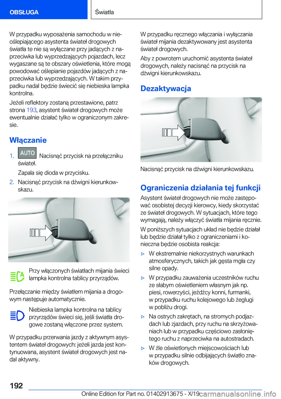 BMW X5 2020  Instrukcja obsługi (in Polish) �W��p�r�z�y�p�a�d�k�u��w�y�p�o�s�a9�e�n�i�a��s�a�m�o�c�h�o�d�u��w��n�i�ej
�o�l�e�p�i�a�j�