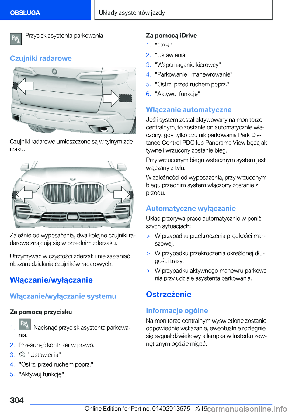 BMW X5 2020  Instrukcja obsługi (in Polish) �P�r�z�y�c�i�s�k��a�s�y�s�t�e�n�t�a��p�a�r�k�o�w�a�n�i�a
�C�z�u�j�n�i�k�i��r�a�d�a�r�o�w�e
�C�z�u�j�n�i�k�i��r�a�d�a�r�o�w�e��u�m�i�e�s�z�c�z�o�n�e��s�