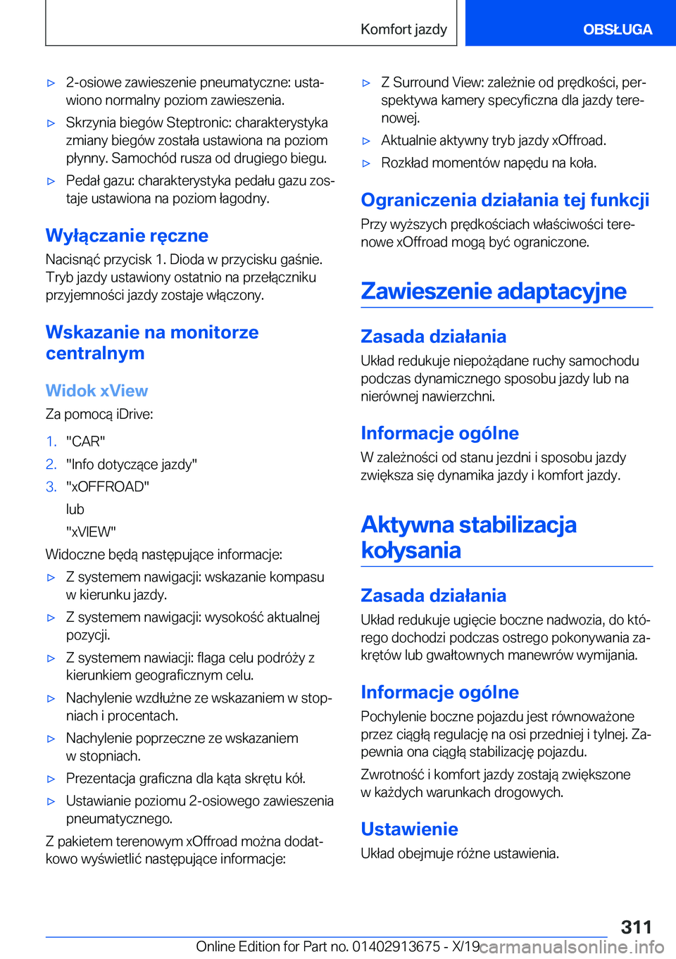 BMW X5 2020  Instrukcja obsługi (in Polish) 'x�2�-�o�s�i�o�w�e��z�a�w�i�e�s�z�e�n�i�e��p�n�e�u�m�a�t�y�c�z�n�e�:��u�s�t�aj
�w�i�o�n�o��n�o�r�m�a�l�n�y��p�o�z�i�o�m��z�a�w�i�e�s�z�e�n�i�a�.'x�S�k�r�z�y�n�i�a��b�i�e�g�