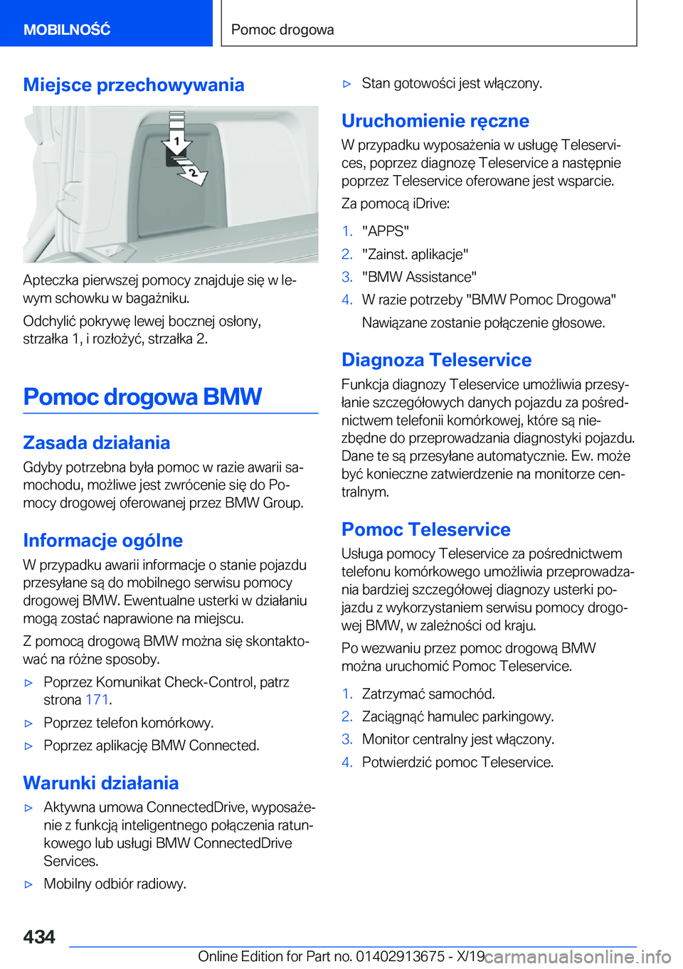 BMW X5 2020  Instrukcja obsługi (in Polish) �M�i�e�j�s�c�e��p�r�z�e�c�h�o�w�y�w�a�n�i�a
�A�p�t�e�c�z�k�a��p�i�e�r�w�s�z�e�j��p�o�m�o�c�y��z�n�a�j�d�u�j�e��s�i�