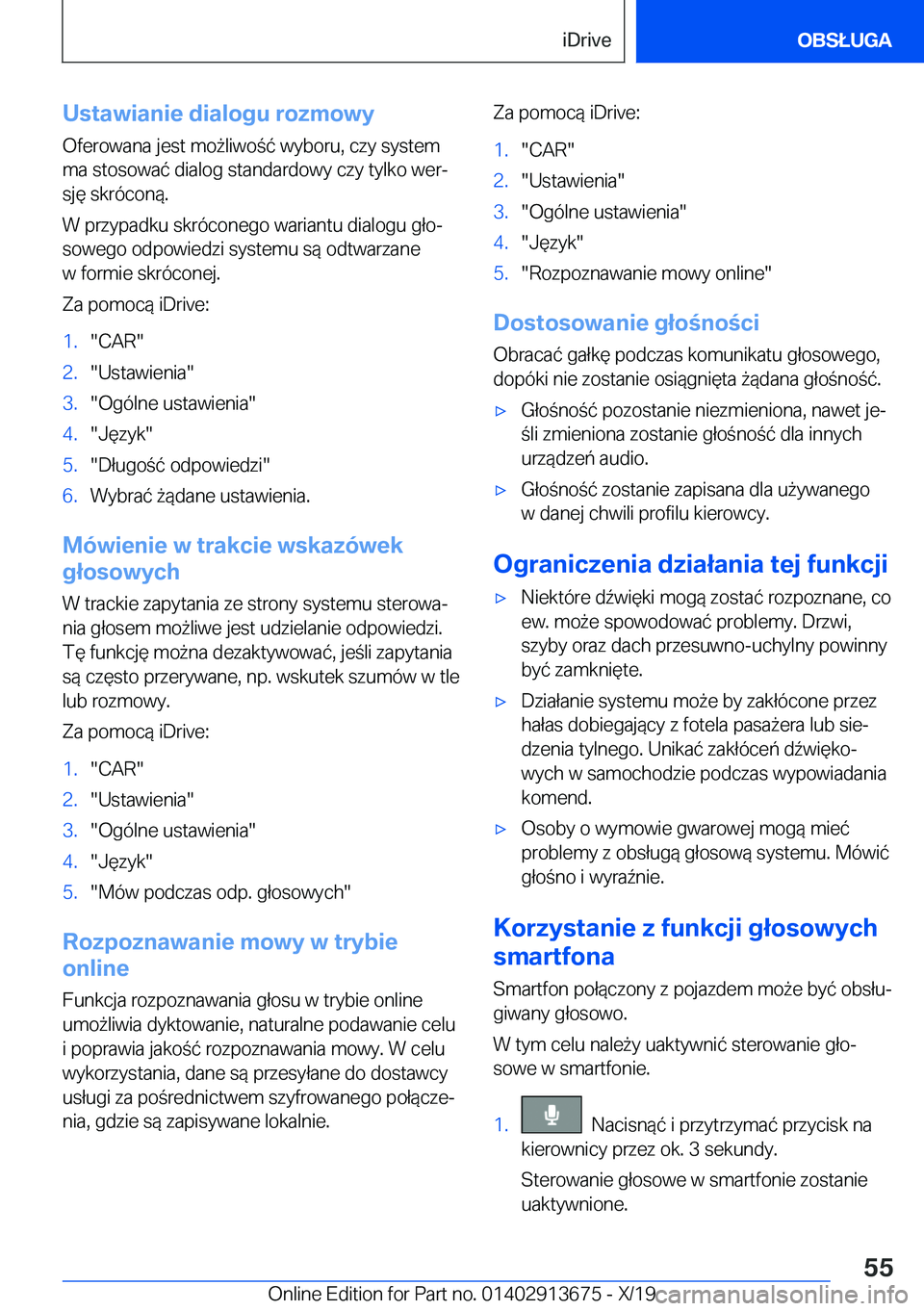 BMW X5 2020  Instrukcja obsługi (in Polish) �U�s�t�a�w�i�a�n�i�e��d�i�a�l�o�g�u��r�o�z�m�o�w�y�O�f�e�r�o�w�a�n�a��j�e�s�t��m�o9�l�i�w�o�