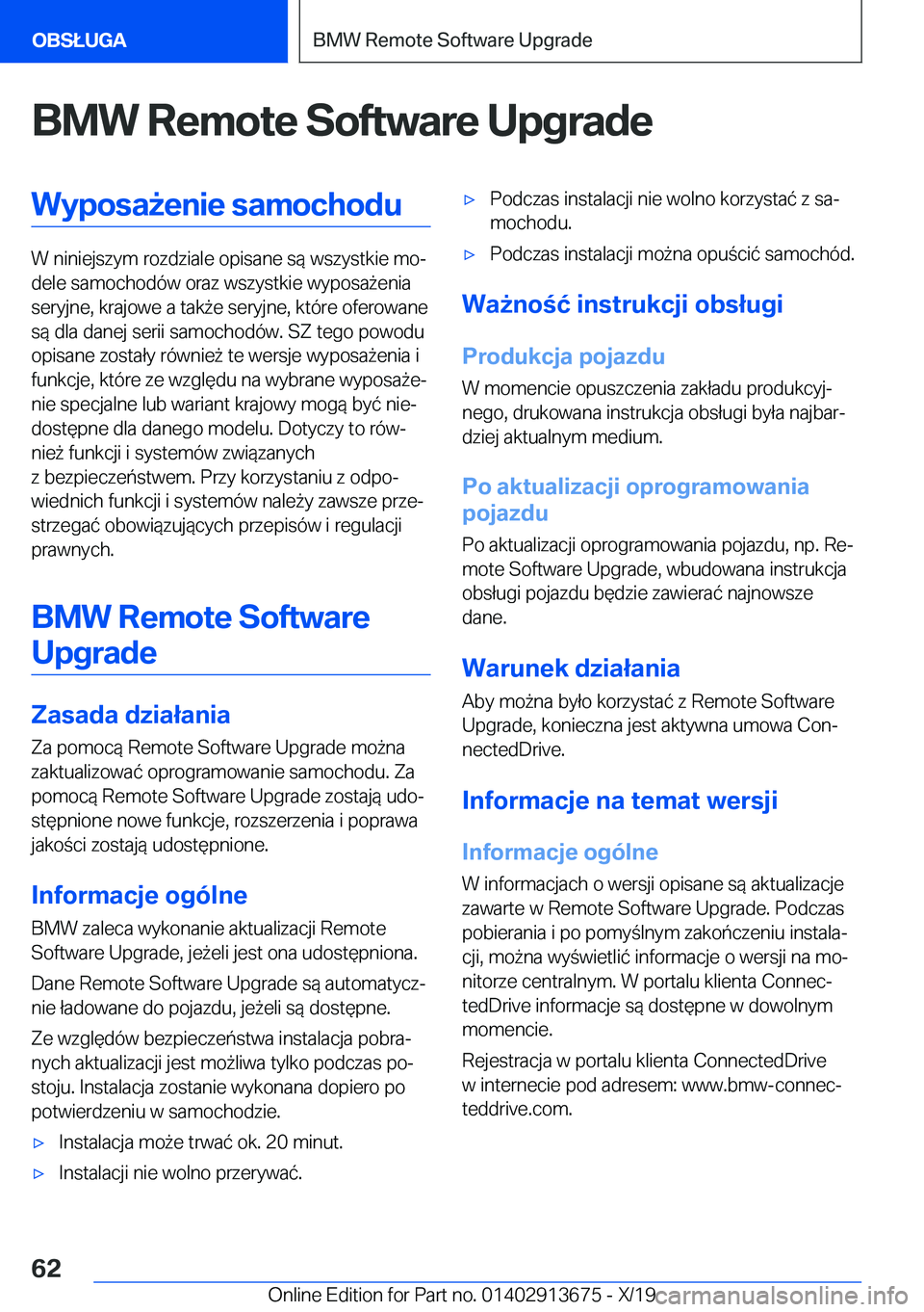 BMW X5 2020  Instrukcja obsługi (in Polish) �B�M�W��R�e�m�o�t�e��S�o�f�t�w�a�r�e��U�p�g�r�a�d�e�W�y�p�o�s�a9�e�n�i�e��s�a�m�o�c�h�o�d�u
�W��n�i�n�i�e�j�s�z�y�m��r�o�z�d�z�i�a�l�e��o�p�i�s�a�n�e��s�