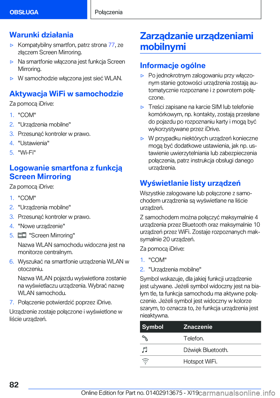 BMW X5 2020  Instrukcja obsługi (in Polish) �W�a�r�u�n�k�i��d�z�i�a�ł�a�n�i�a'x�K�o�m�p�a�t�y�b�i�l�n�y��s�m�a�r�t�f�o�n�,��p�a�t�r�z��s�t�r�o�n�a��7�7�,��z�e
�z�ł�