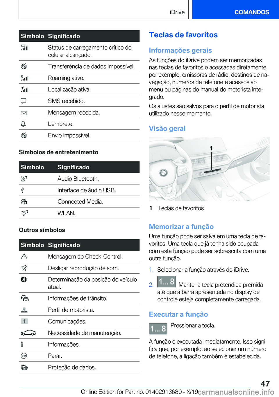 BMW X5 2020  Manual do condutor (in Portuguese) �S�