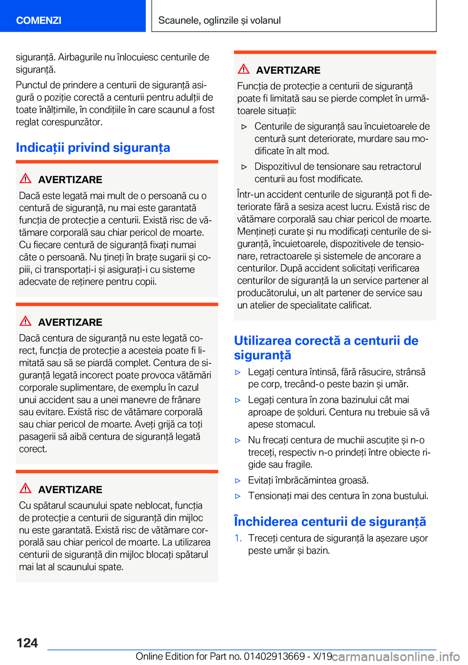 BMW X5 2020  Ghiduri De Utilizare (in Romanian) �s�i�g�u�r�a�n*�ă�.��A�i�r�b�a�g�u�r�i�l�e��n�u��