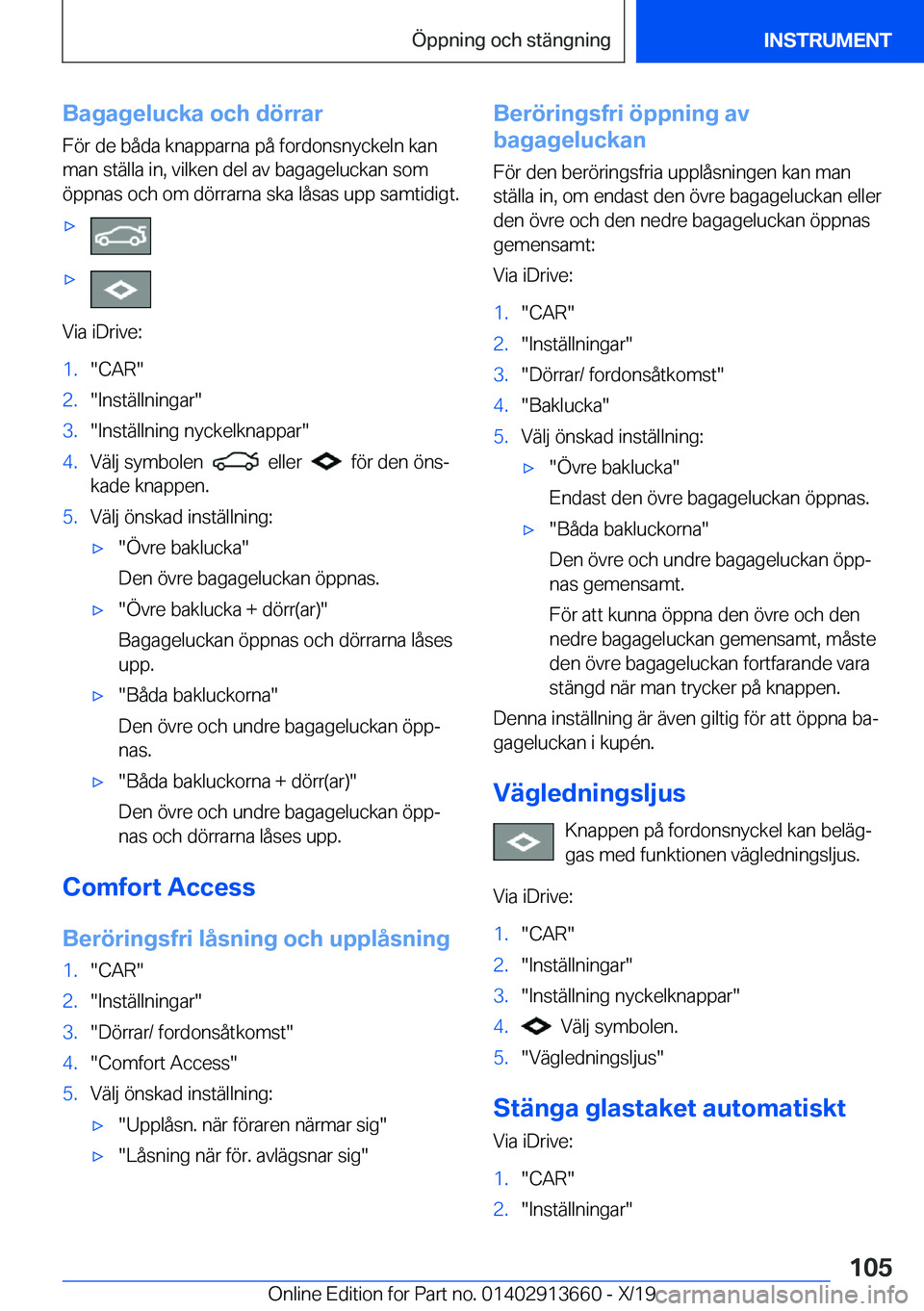 BMW X5 2020  InstruktionsbÖcker (in Swedish) �B�a�g�a�g�e�l�u�c�k�a��o�c�h��d�
