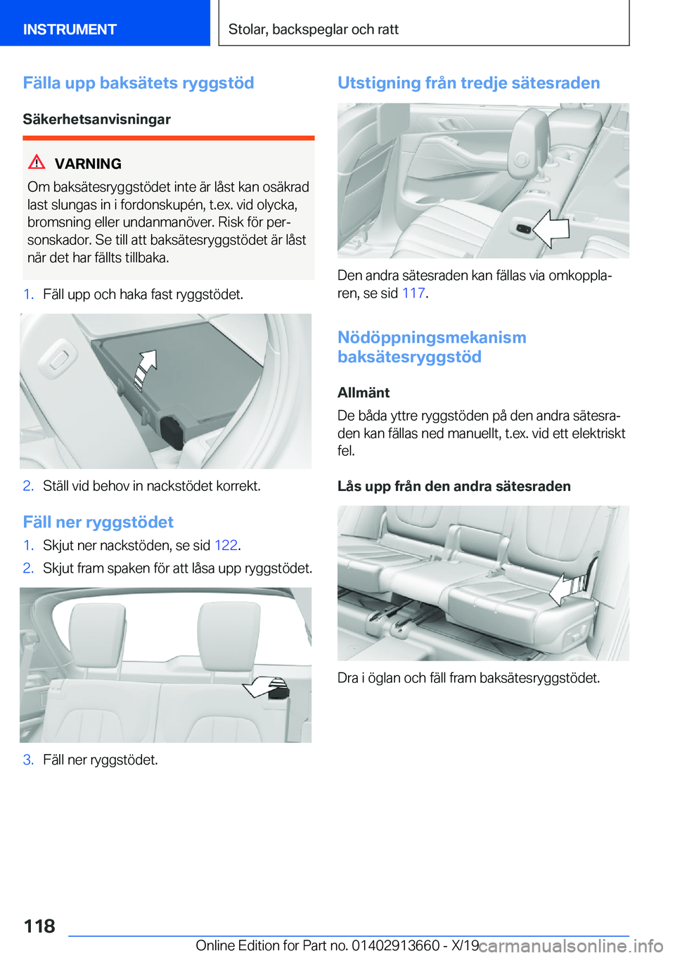 BMW X5 2020  InstruktionsbÖcker (in Swedish) �F�ä�l�l�a��u�p�p��b�a�k�s�ä�t�e�t�s��r�y�g�g�s�t�