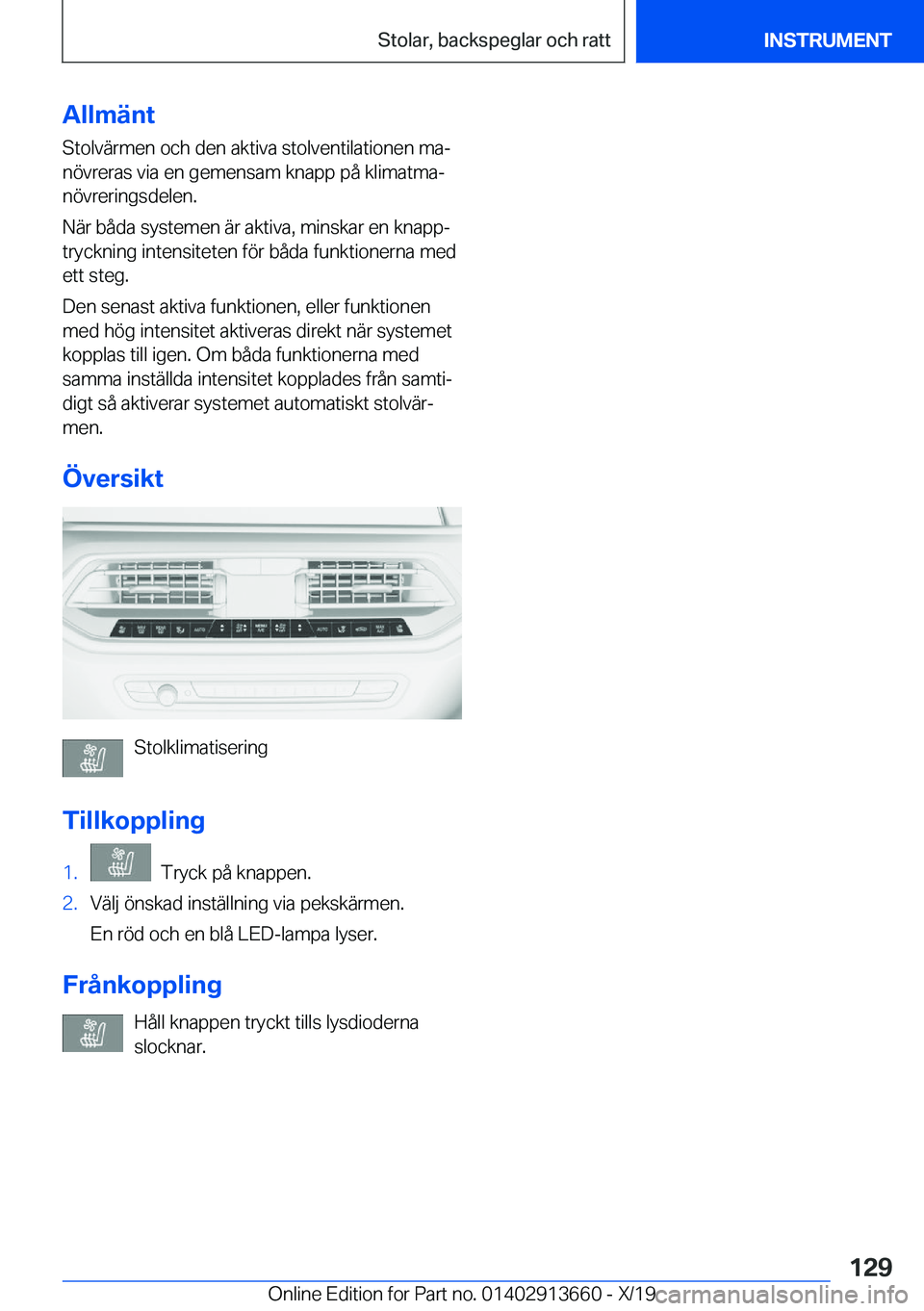 BMW X5 2020  InstruktionsbÖcker (in Swedish) �A�l�l�m�ä�n�t
�S�t�o�l�v�ä�r�m�e�n��o�c�h��d�e�n��a�k�t�i�v�a��s�t�o�l�v�e�n�t�i�l�a�t�i�o�n�e�n��m�aj
�n�