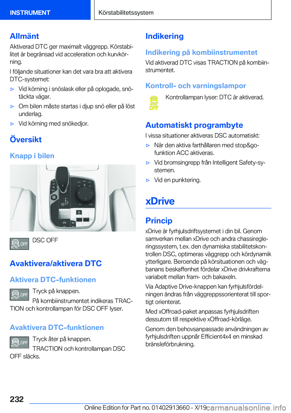 BMW X5 2020  InstruktionsbÖcker (in Swedish) �A�l�l�m�ä�n�t
�A�k�t�i�v�e�r�a�d��D�T�C��g�e�r��m�a�x�i�m�a�l�t��v�ä�g�g�r�e�p�p�.��K�