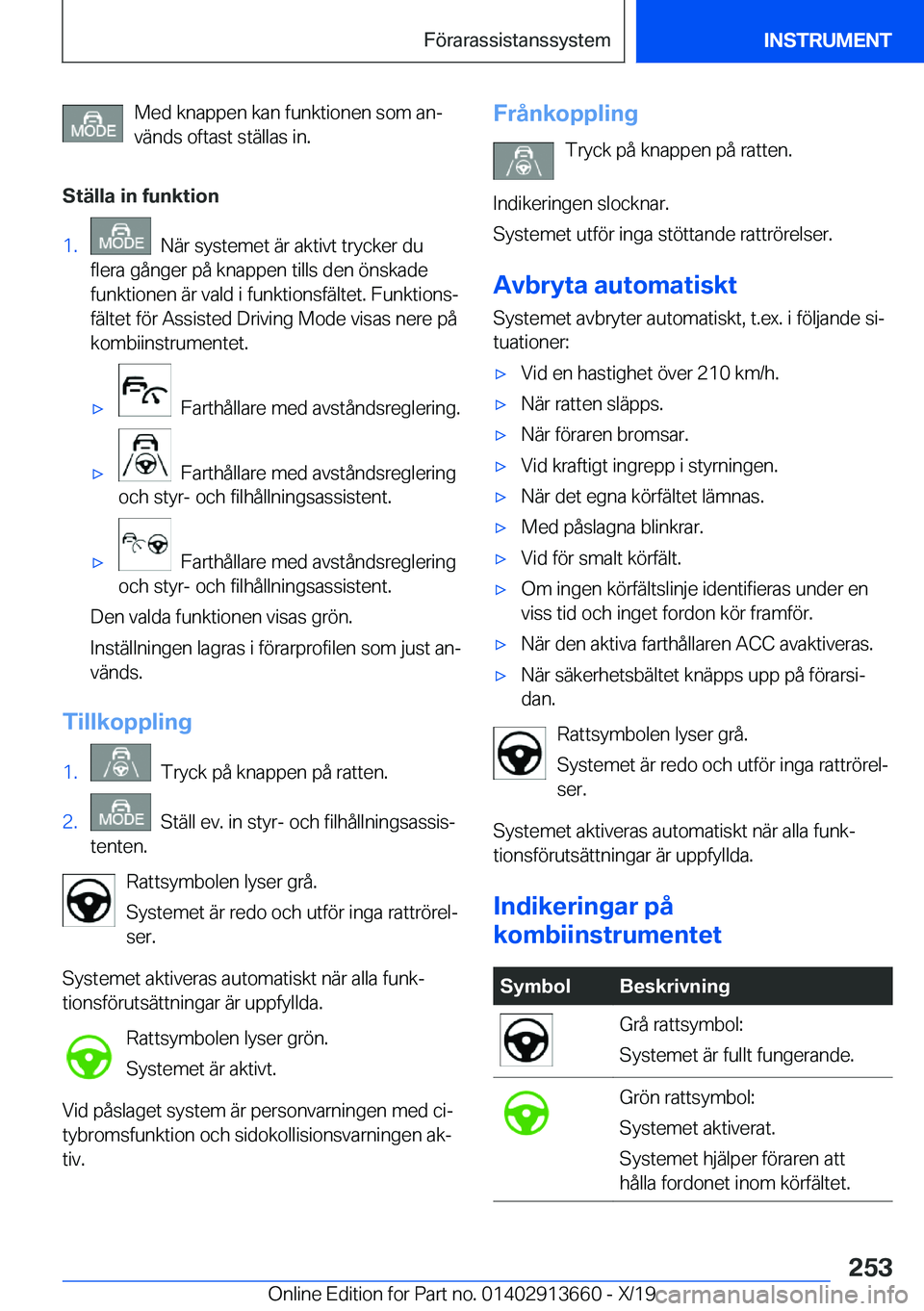 BMW X5 2020  InstruktionsbÖcker (in Swedish) �M�e�d��k�n�a�p�p�e�n��k�a�n��f�u�n�k�t�i�o�n�e�n��s�o�m��a�nj�v�ä�n�d�s��o�f�t�a�s�t��s�t�ä�l�l�a�s��i�n�.
�S�t�ä�l�l�a��i�n��f�u�n�k�t�i�o�n�1�.���N�ä�r��s�y�s�t�e�m�e�t��ä�r��a