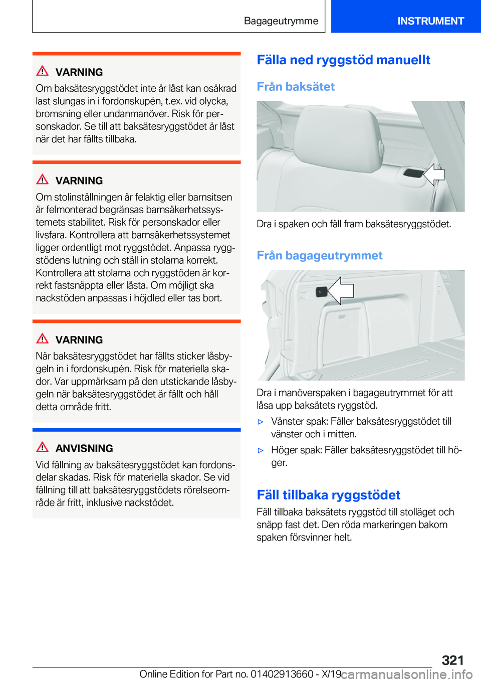 BMW X5 2020  InstruktionsbÖcker (in Swedish) �V�A�R�N�I�N�G
�O�m��b�a�k�s�ä�t�e�s�r�y�g�g�s�t�
