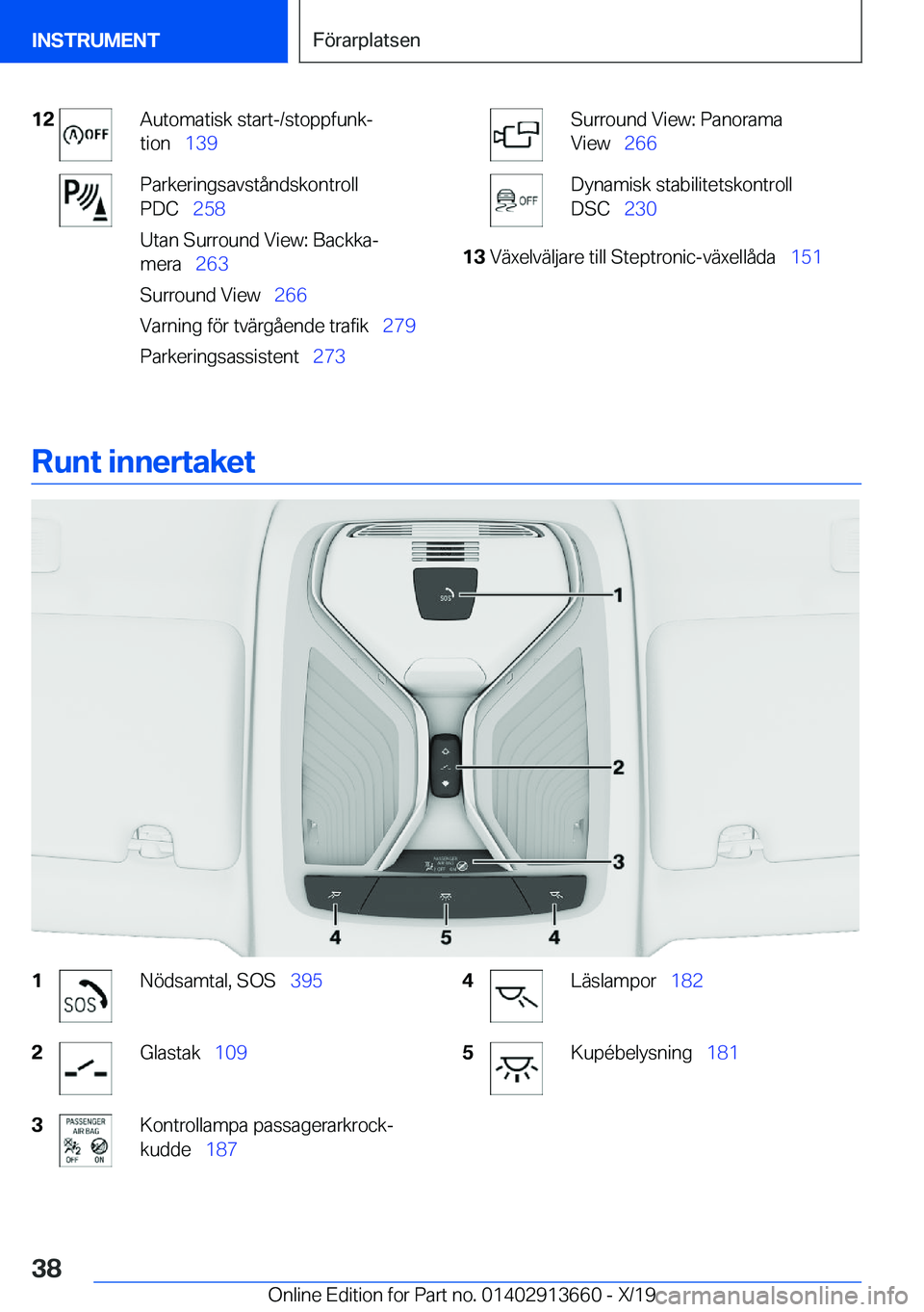 BMW X5 2020  InstruktionsbÖcker (in Swedish) �1�2�A�u�t�o�m�a�t�i�s�k��s�t�a�r�t�-�/�s�t�o�p�p�f�u�n�kj
�t�i�o�n\_ �1�3�9�P�a�r�k�e�r�i�n�g�s�a�v�s�t�å�n�d�s�k�o�n�t�r�o�l�l
�P�D�C\_ �2�5�8
�U�t�a�n��S�u�r�r�o�u�n�d��V�i�e�w�:��B�a�c�k