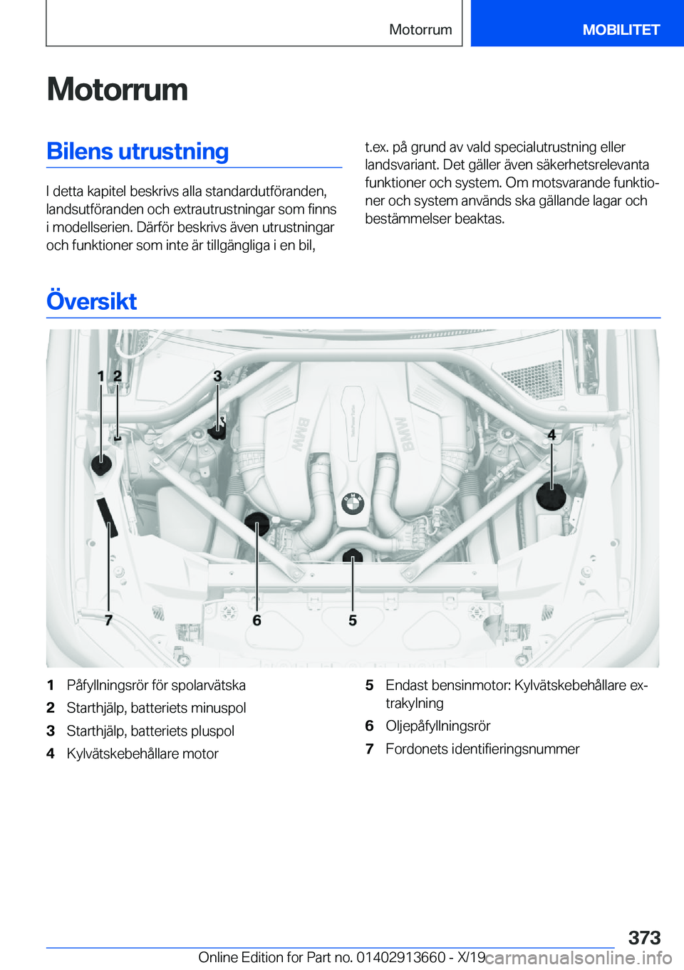BMW X5 2020  InstruktionsbÖcker (in Swedish) �M�o�t�o�r�r�u�m�B�i�l�e�n�s��u�t�r�u�s�t�n�i�n�g
�I��d�e�t�t�a��k�a�p�i�t�e�l��b�e�s�k�r�i�v�s��a�l�l�a��s�t�a�n�d�a�r�d�u�t�f�