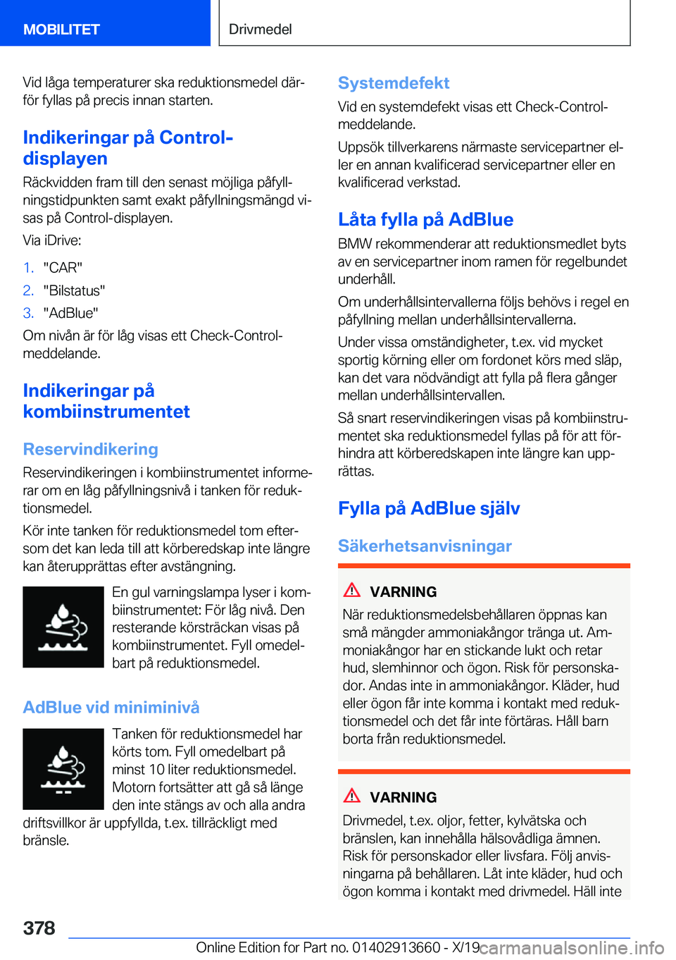 BMW X5 2020  InstruktionsbÖcker (in Swedish) �V�i�d��l�å�g�a��t�e�m�p�e�r�a�t�u�r�e�r��s�k�a��r�e�d�u�k�t�i�o�n�s�m�e�d�e�l��d�ä�rj�f�