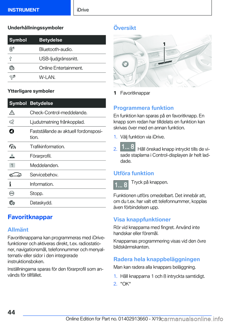BMW X5 2020  InstruktionsbÖcker (in Swedish) �U�n�d�e�r�h�å�l�l�n�i�n�g�s�s�y�m�b�o�l�e�r�S�y�m�b�o�l�B�e�t�y�d�e�l�s�e��B�l�u�e�t�o�o�t�h�-�a�u�d�i�o�.��U�S�B�-�l�j�u�d�g�r�ä�n�s�s�n�i�t�t�.��O�n�l�i�n�e��E�n�t�e�r�t�a�i�n�m�e�n�t�.��W�-