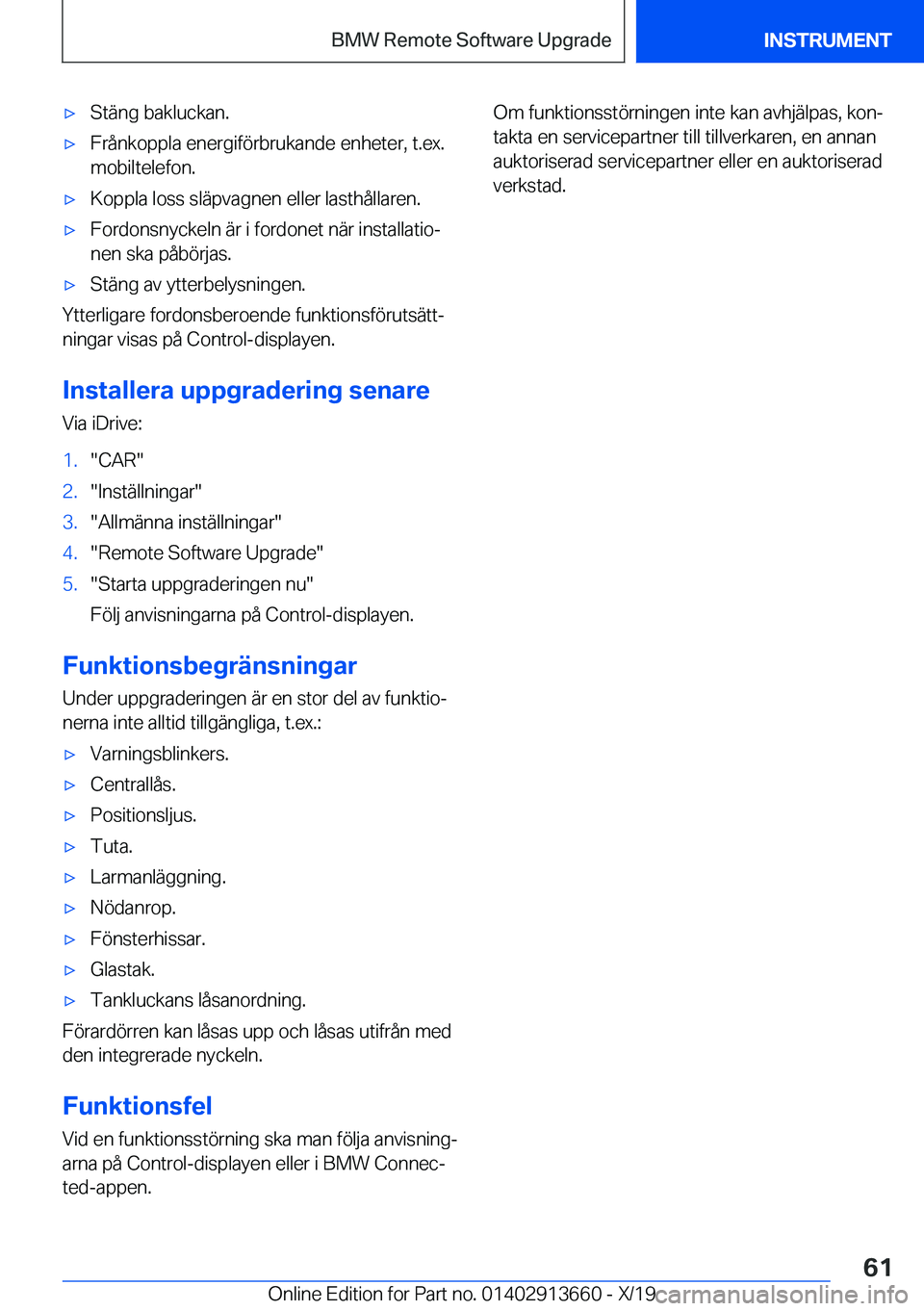 BMW X5 2020  InstruktionsbÖcker (in Swedish) 'x�S�t�ä�n�g��b�a�k�l�u�c�k�a�n�.'x�F�r�å�n�k�o�p�p�l�a��e�n�e�r�g�i�f�