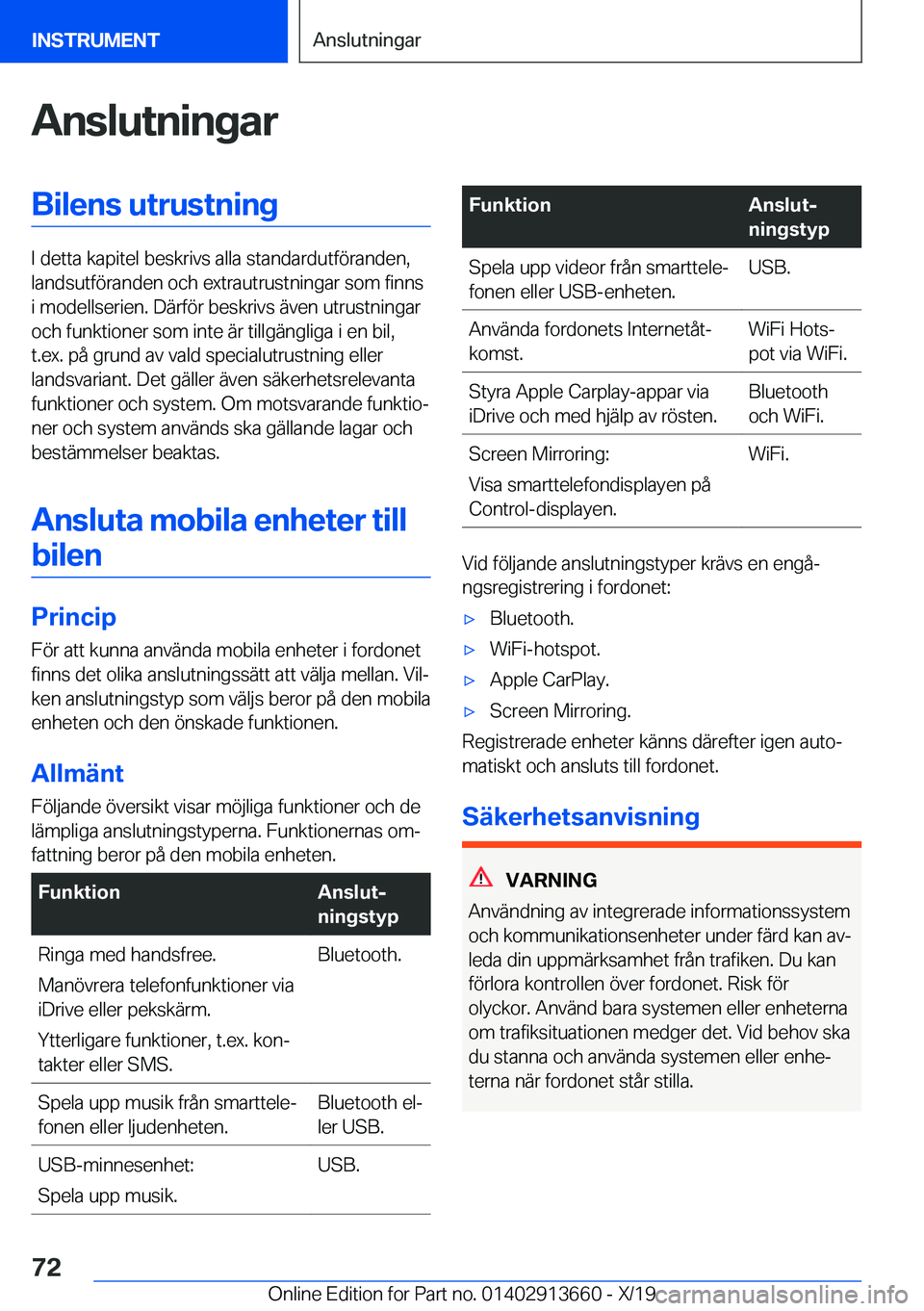 BMW X5 2020  InstruktionsbÖcker (in Swedish) �A�n�s�l�u�t�n�i�n�g�a�r�B�i�l�e�n�s��u�t�r�u�s�t�n�i�n�g
�I��d�e�t�t�a��k�a�p�i�t�e�l��b�e�s�k�r�i�v�s��a�l�l�a��s�t�a�n�d�a�r�d�u�t�f�