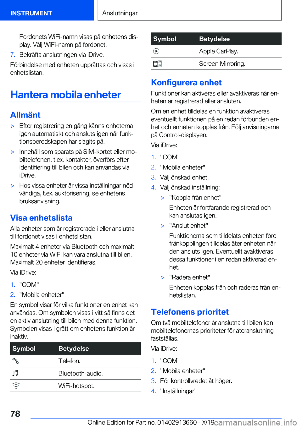 BMW X5 2020  InstruktionsbÖcker (in Swedish) �F�o�r�d�o�n�e�t�s��W�i�F�i�-�n�a�m�n��v�i�s�a�s��p�å��e�n�h�e�t�e�n�s��d�i�sj
�p�l�a�y�.��V�ä�l�j��W�i�F�i�-�n�a�m�n��p�å��f�o�r�d�o�n�e�t�.�7�.�B�e�k�r�ä�f�t�a��a�n�s�l�u�t�n�i�n�g�e�