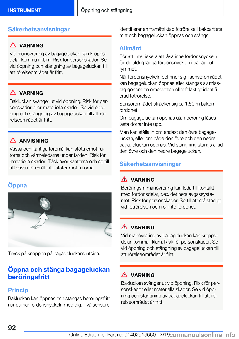 BMW X5 2020  InstruktionsbÖcker (in Swedish) �S�ä�k�e�r�h�e�t�s�a�n�v�i�s�n�i�n�g�a�r
�V�A�R�N�I�N�G
�V�i�d��m�a�n�