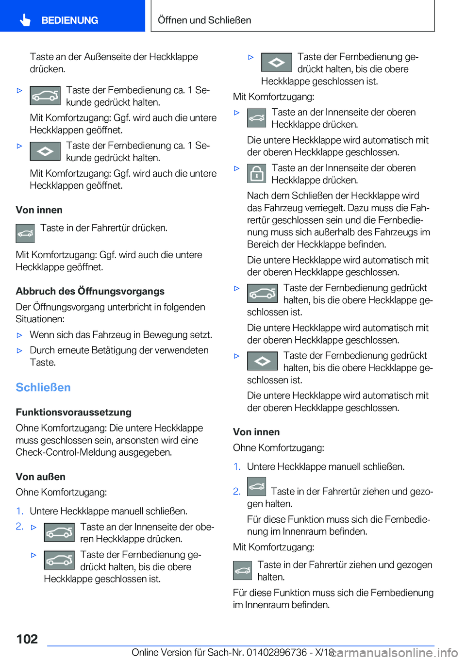BMW X5 2019  Betriebsanleitungen (in German) �T�a�s�t�e��a�n��d�e�r��A�u�