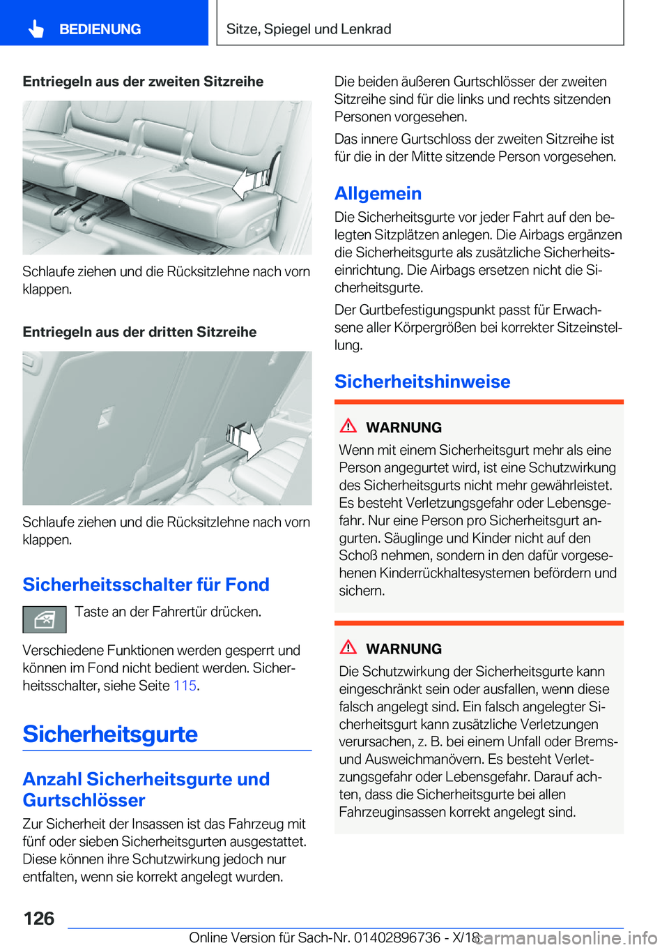 BMW X5 2019  Betriebsanleitungen (in German) �E�n�t�r�i�e�g�e�l�n��a�u�s��d�e�r��z�w�e�i�t�e�n��S�i�t�z�r�e�i�h�e
�S�c�h�l�a�u�f�e��z�i�e�h�e�n��u�n�d��d�i�e��R�