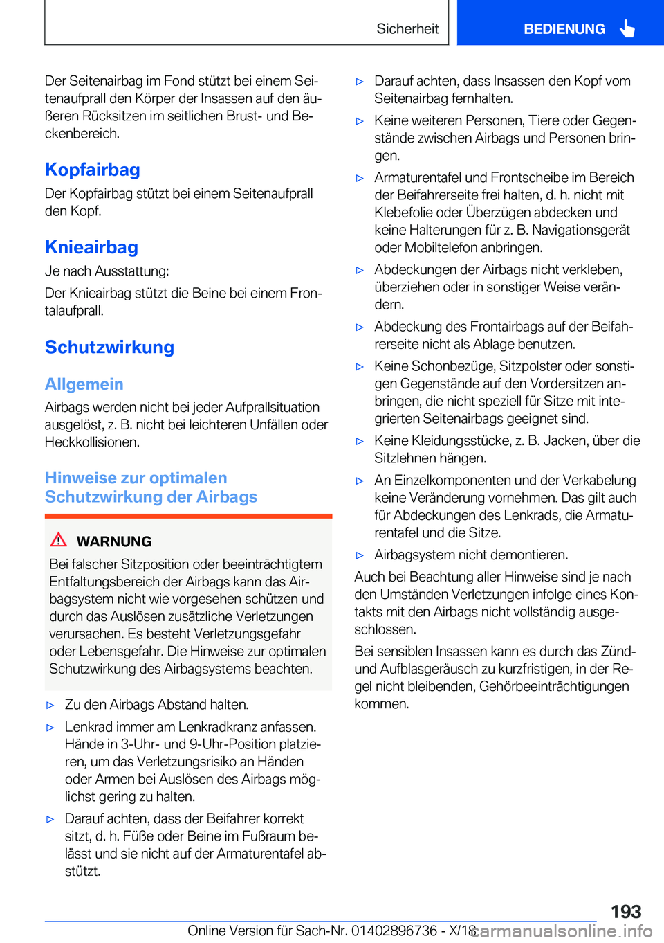 BMW X5 2019  Betriebsanleitungen (in German) �D�e�r��S�e�i�t�e�n�a�i�r�b�a�g��i�m��F�o�n�d��s�t�