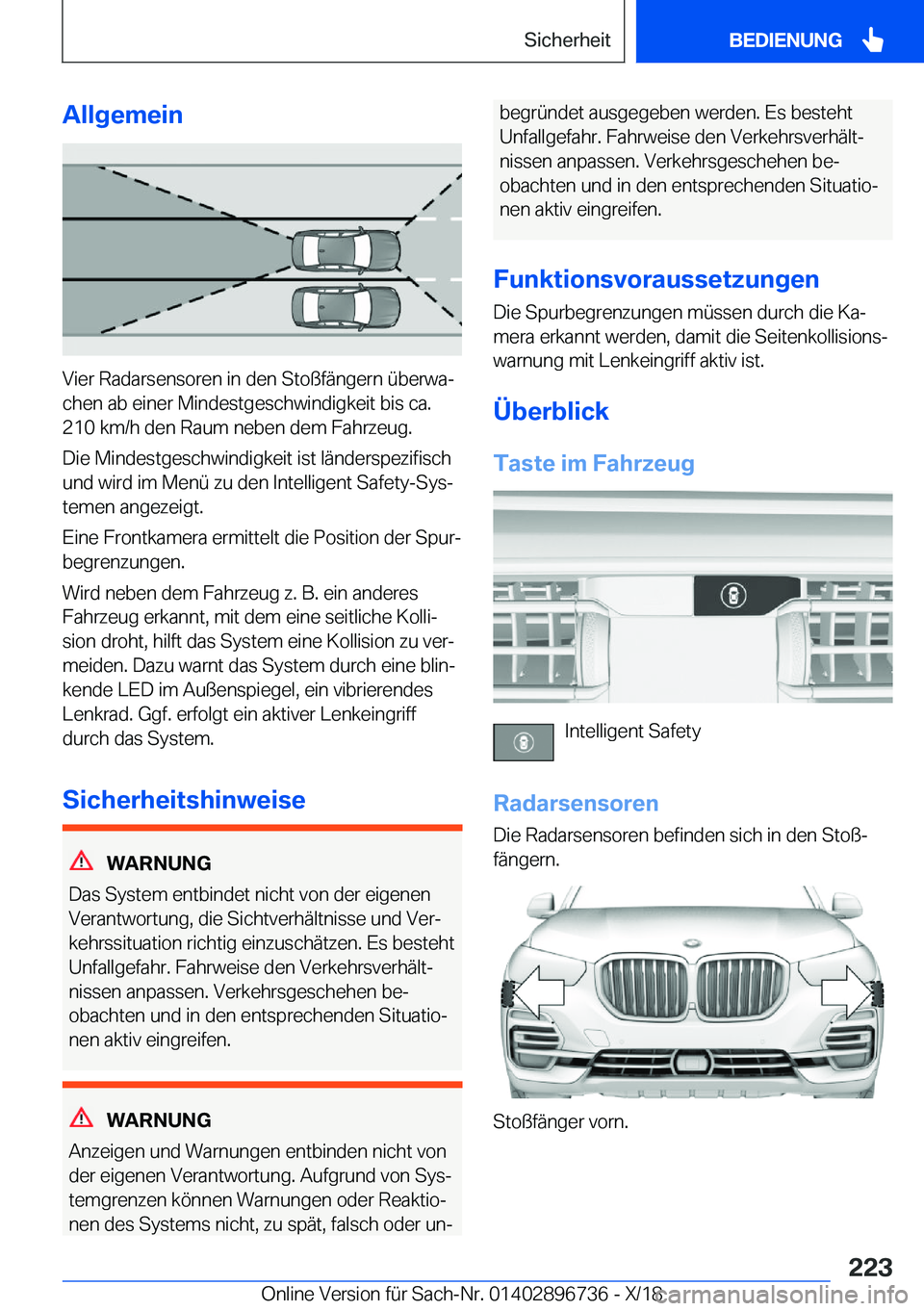BMW X5 2019  Betriebsanleitungen (in German) �A�l�l�g�e�m�e�i�n
�V�i�e�r��R�a�d�a�r�s�e�n�s�o�r�e�n��i�n��d�e�n��S�t�o�