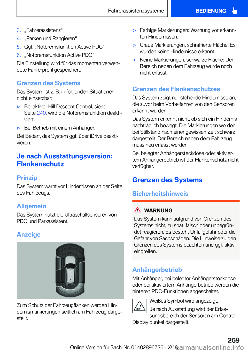 BMW X5 2019  Betriebsanleitungen (in German) �3�.x�F�a�h�r�e�r�a�s�s�i�s�t�e�n�zv�4�.x�P�a�r�k�e�n��u�n�d��R�a�n�g�i�e�r�e�nv�5�.�G�g�f�.�x�N�o�t�b�r�e�m�s�f�u�n�k�t�i�o�n��A�c�t�i�v�e��P�D�Cv�6�.x�N�o�t�b�r�e�m�s�f�u�n�k�t�i�o�n��A