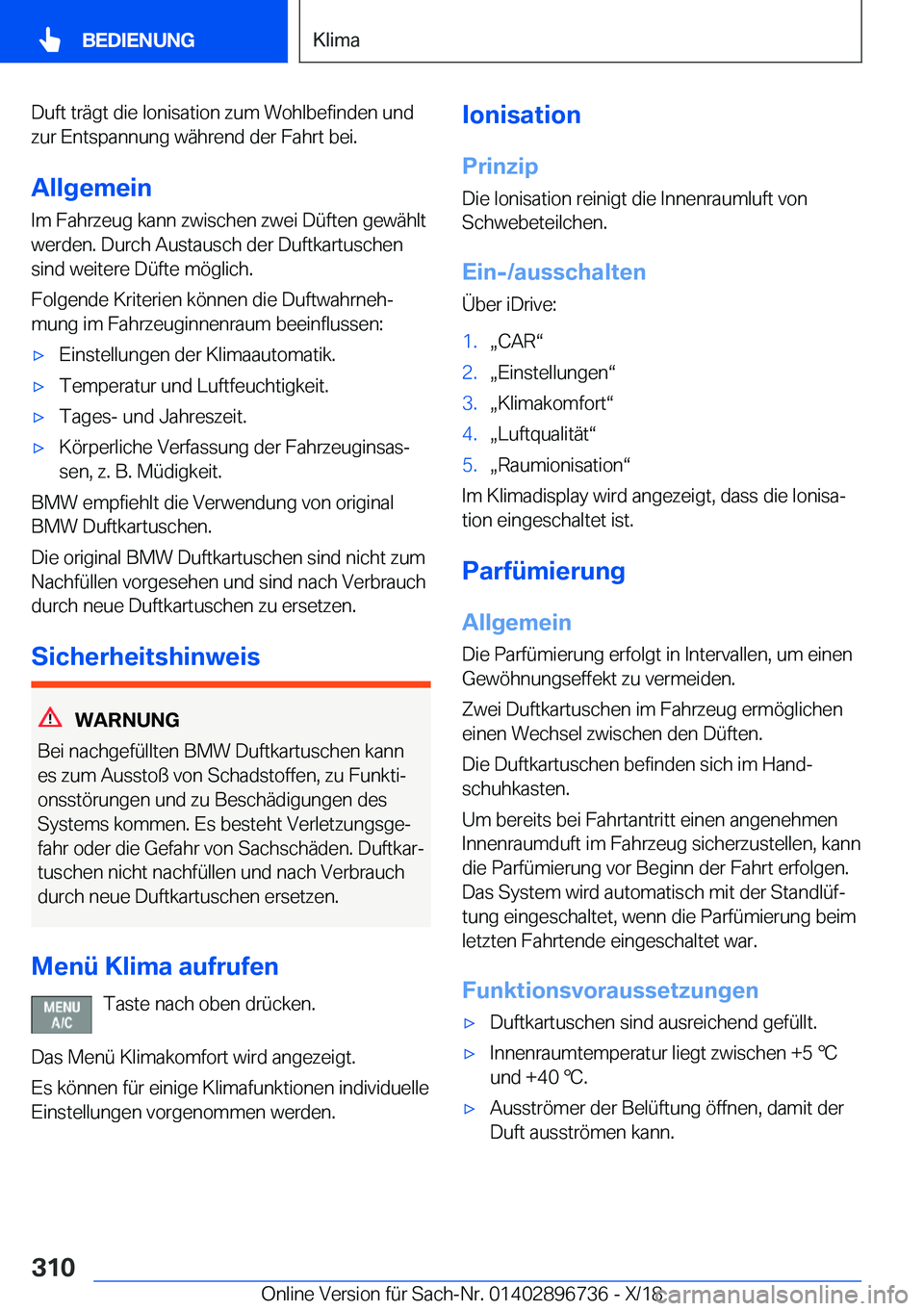 BMW X5 2019  Betriebsanleitungen (in German) �D�u�f�t��t�r�