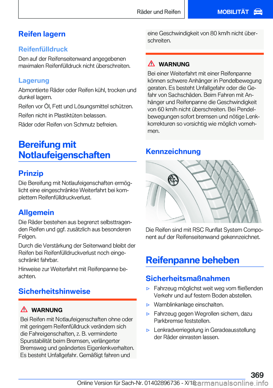 BMW X5 2019  Betriebsanleitungen (in German) �R�e�i�f�e�n��l�a�g�e�r�n
�R�e�i�f�e�n�f�