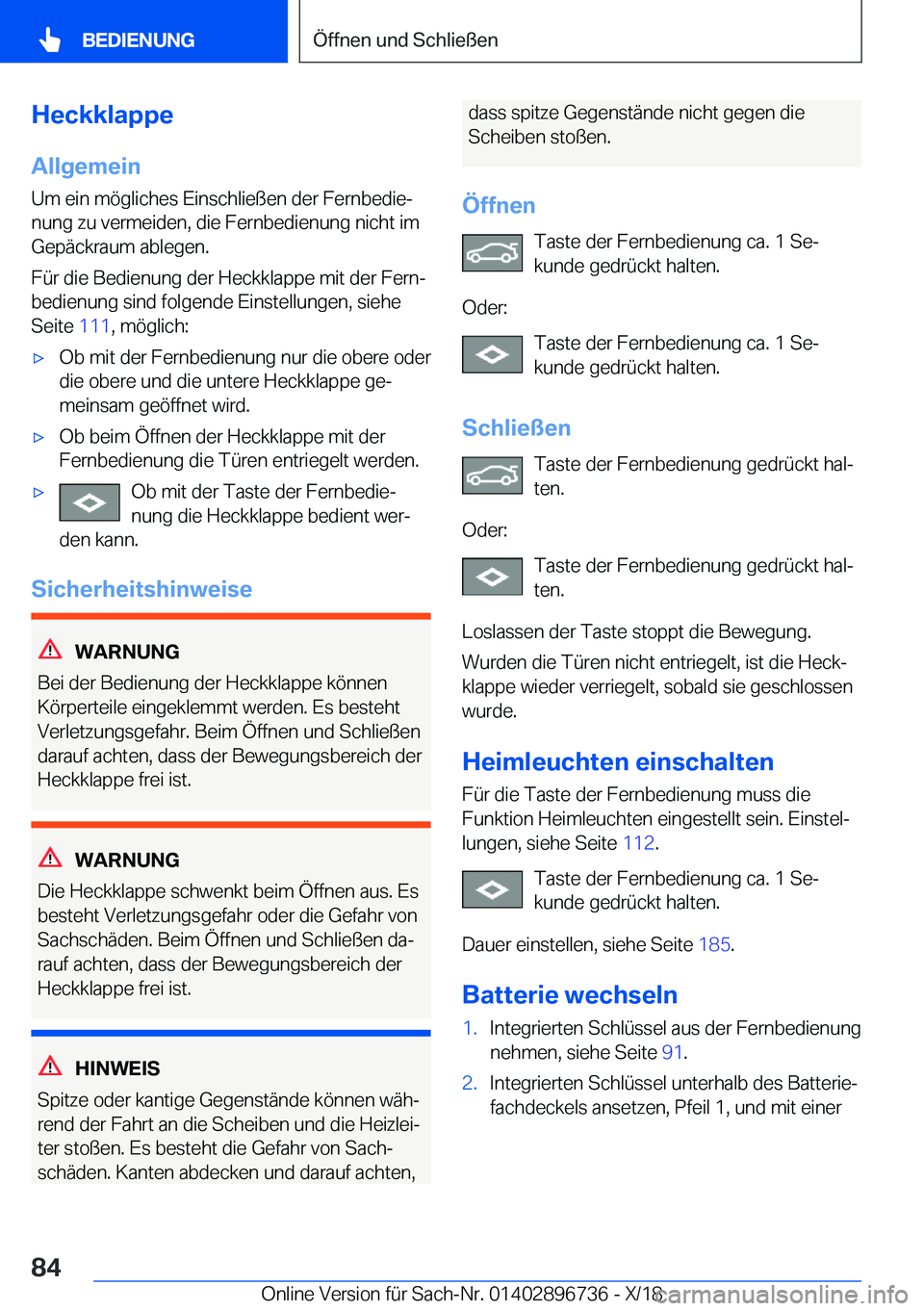 BMW X5 2019  Betriebsanleitungen (in German) �H�e�c�k�k�l�a�p�p�e
�A�l�l�g�e�m�e�i�n �U�m��e�i�n��m�