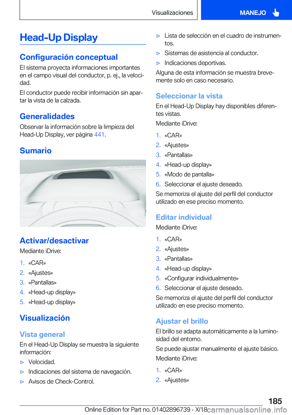BMW X5 2019  Manuales de Empleo (in Spanish) �H�e�a�d�-�U�p��D�i�s�p�l�a�y
�C�o�n�f�i�g�u�r�a�c�i�