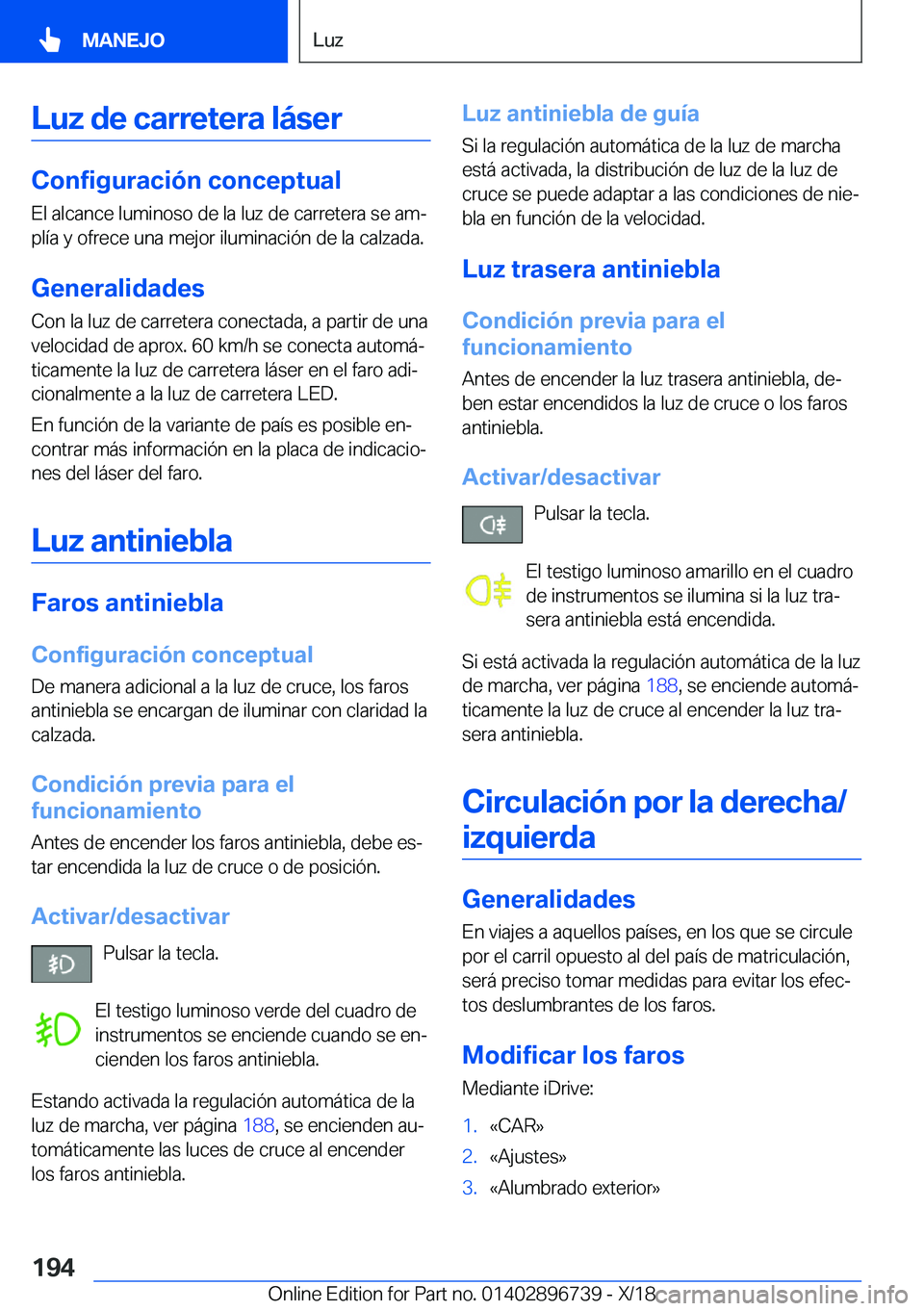 BMW X5 2019  Manuales de Empleo (in Spanish) �L�u�z��d�e��c�a�r�r�e�t�e�r�a��l�