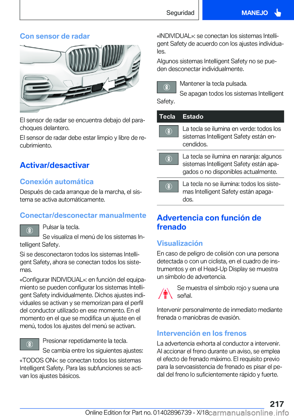 BMW X5 2019  Manuales de Empleo (in Spanish) �C�o�n��s�e�n�s�o�r��d�e��r�a�d�a�r
�E�l��s�e�n�s�o�r��d�e��r�a�d�a�r��s�e��e�n�c�u�e�n�t�r�a��d�e�b�a�j�o��d�e�l��p�a�r�aª
�c�h�o�q�u�e�s��d�e�l�a�n�t�e�r�o�.
�E�l��s�e�n�s�o�r��d�e�