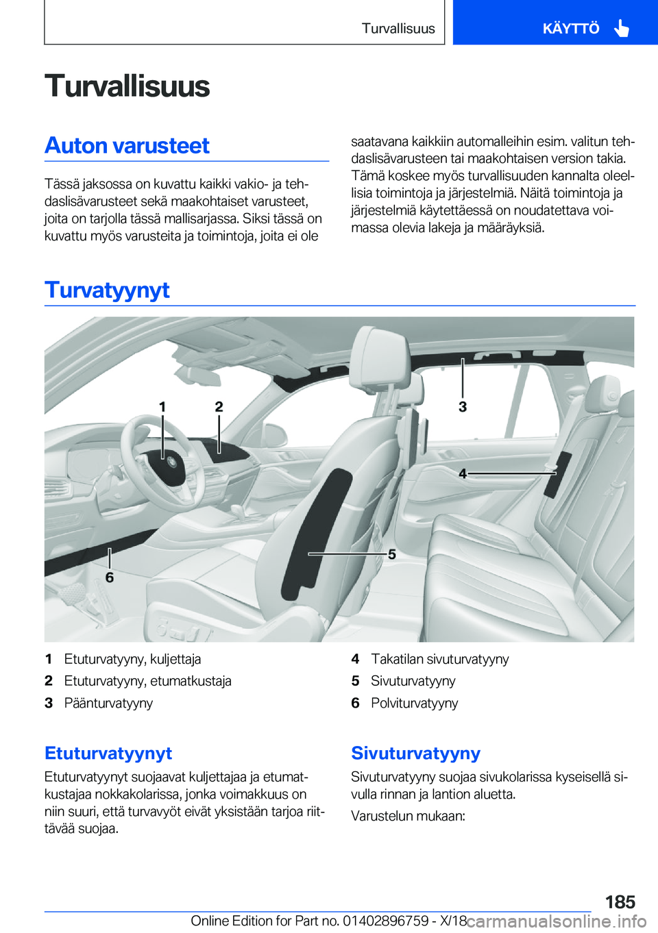 BMW X5 2019  Omistajan Käsikirja (in Finnish) �T�u�r�v�a�l�l�i�s�u�u�s�A�u�t�o�n��v�a�r�u�s�t�e�e�t
�T�