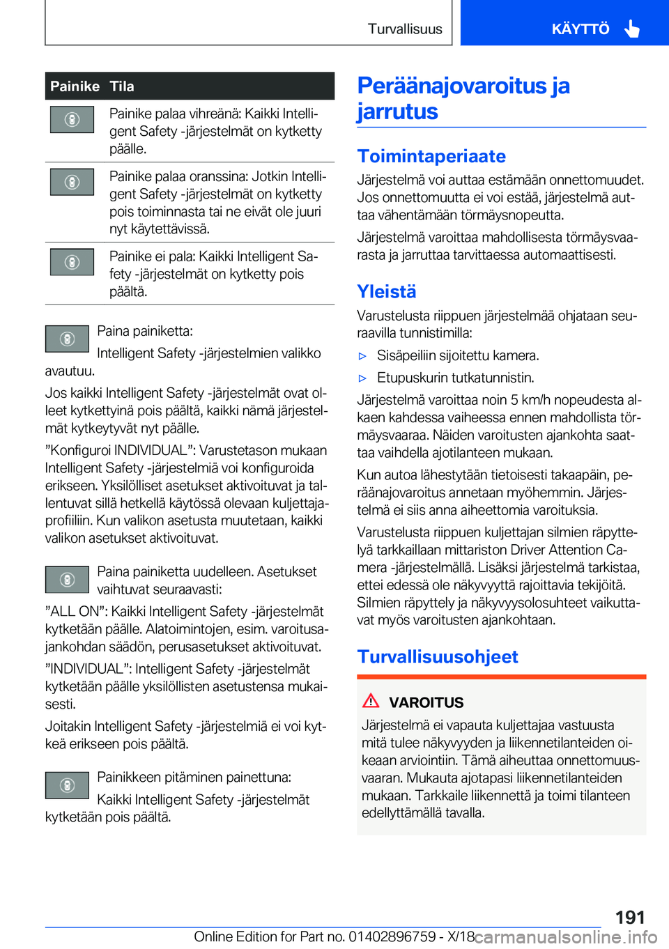 BMW X5 2019  Omistajan Käsikirja (in Finnish) �P�a�i�n�i�k�e�T�i�l�a�P�a�i�n�i�k�e��p�a�l�a�a��v�i�h�r�e�