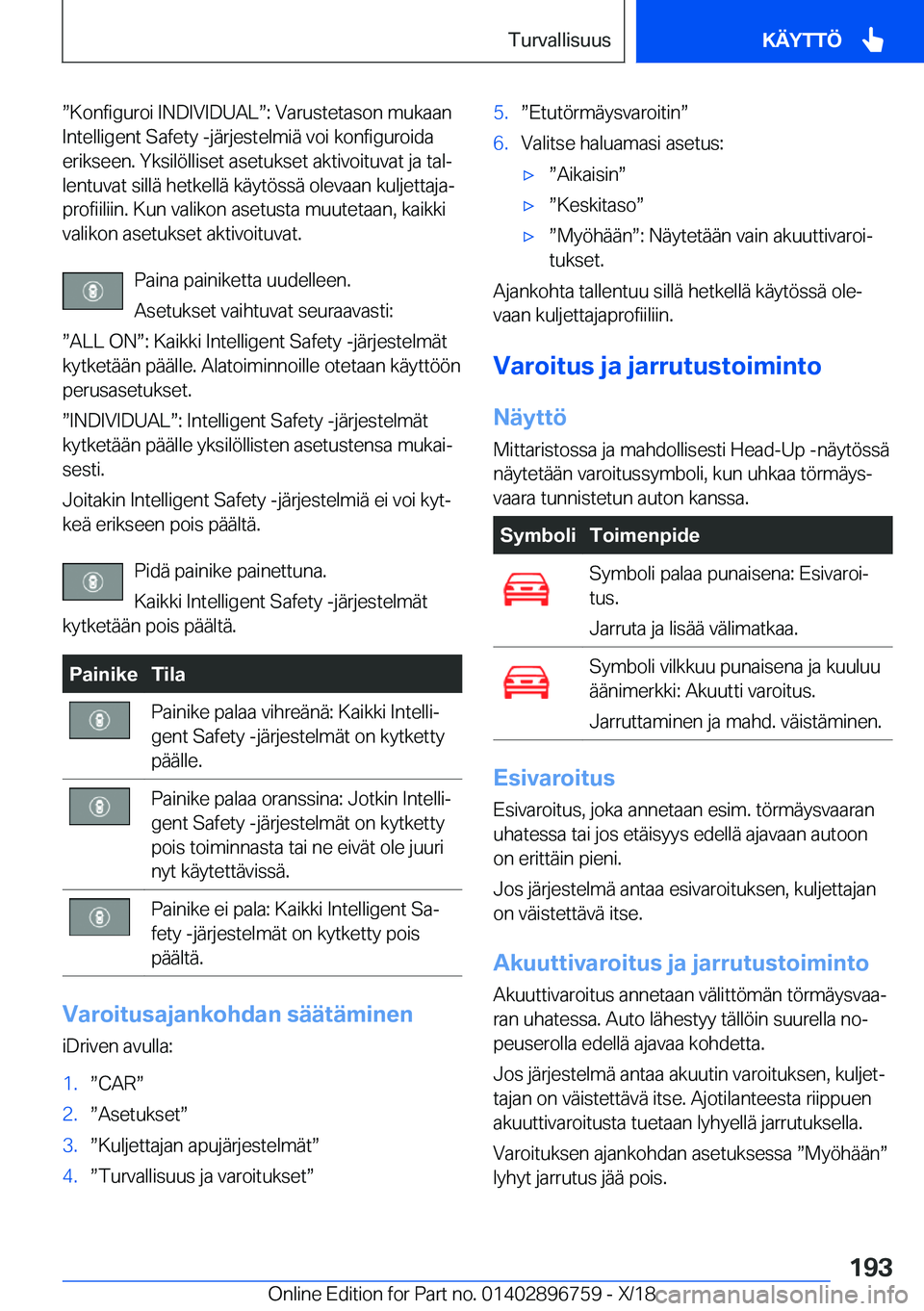 BMW X5 2019  Omistajan Käsikirja (in Finnish) w�K�o�n�f�i�g�u�r�o�i��I�N�D�I�V�I�D�U�A�Lw�:��V�a�r�u�s�t�e�t�a�s�o�n��m�u�k�a�a�n�I�n�t�e�l�l�i�g�e�n�t��S�a�f�e�t�y��-�j�