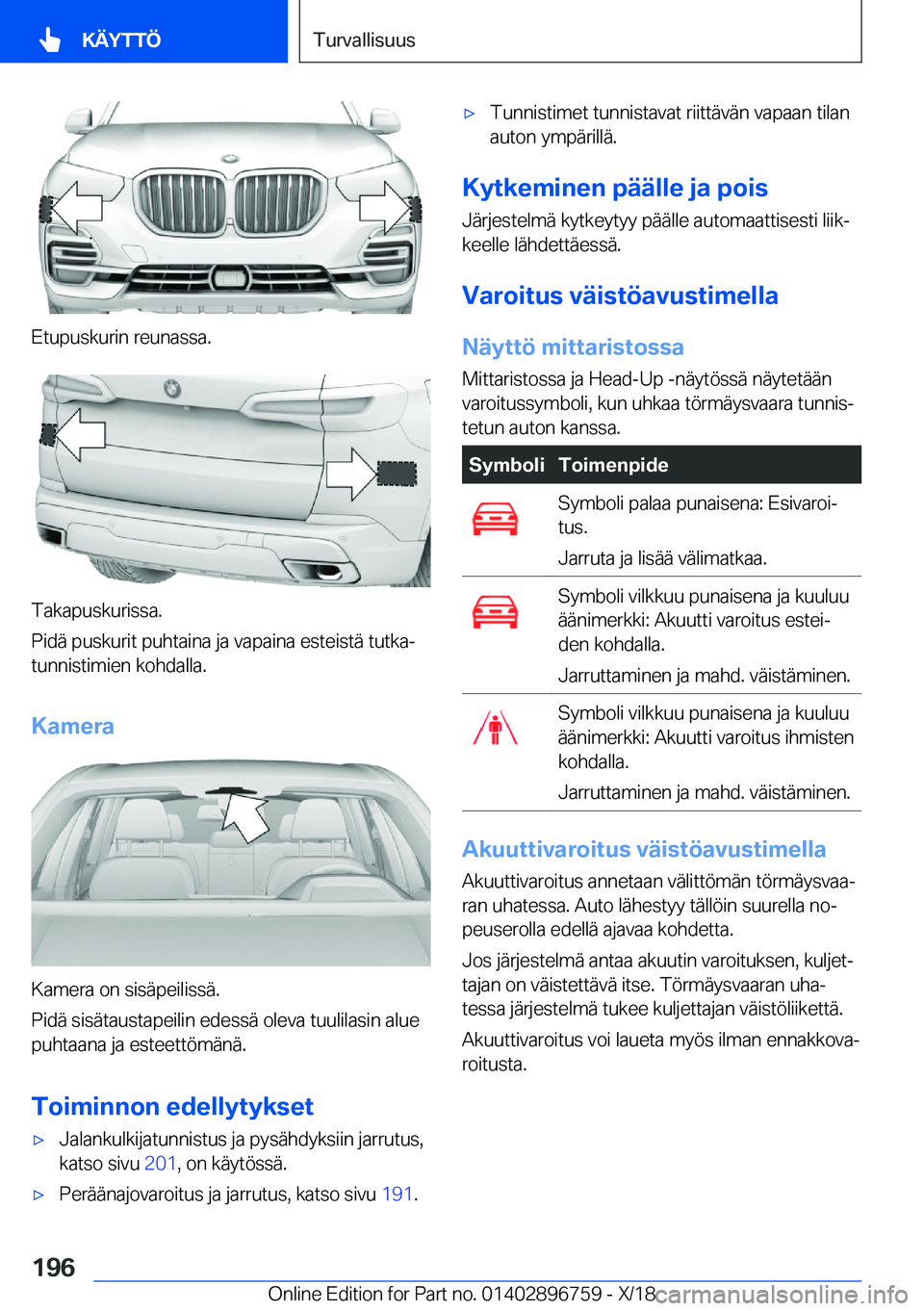 BMW X5 2019  Omistajan Käsikirja (in Finnish) �E�t�u�p�u�s�k�u�r�i�n��r�e�u�n�a�s�s�a�.
�T�a�k�a�p�u�s�k�u�r�i�s�s�a�.
�P�i�d�
