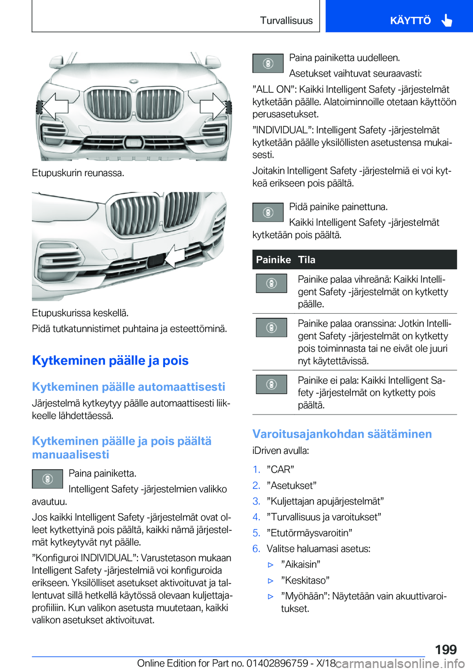 BMW X5 2019  Omistajan Käsikirja (in Finnish) �E�t�u�p�u�s�k�u�r�i�n��r�e�u�n�a�s�s�a�.
�E�t�u�p�u�s�k�u�r�i�s�s�a��k�e�s�k�e�l�l�